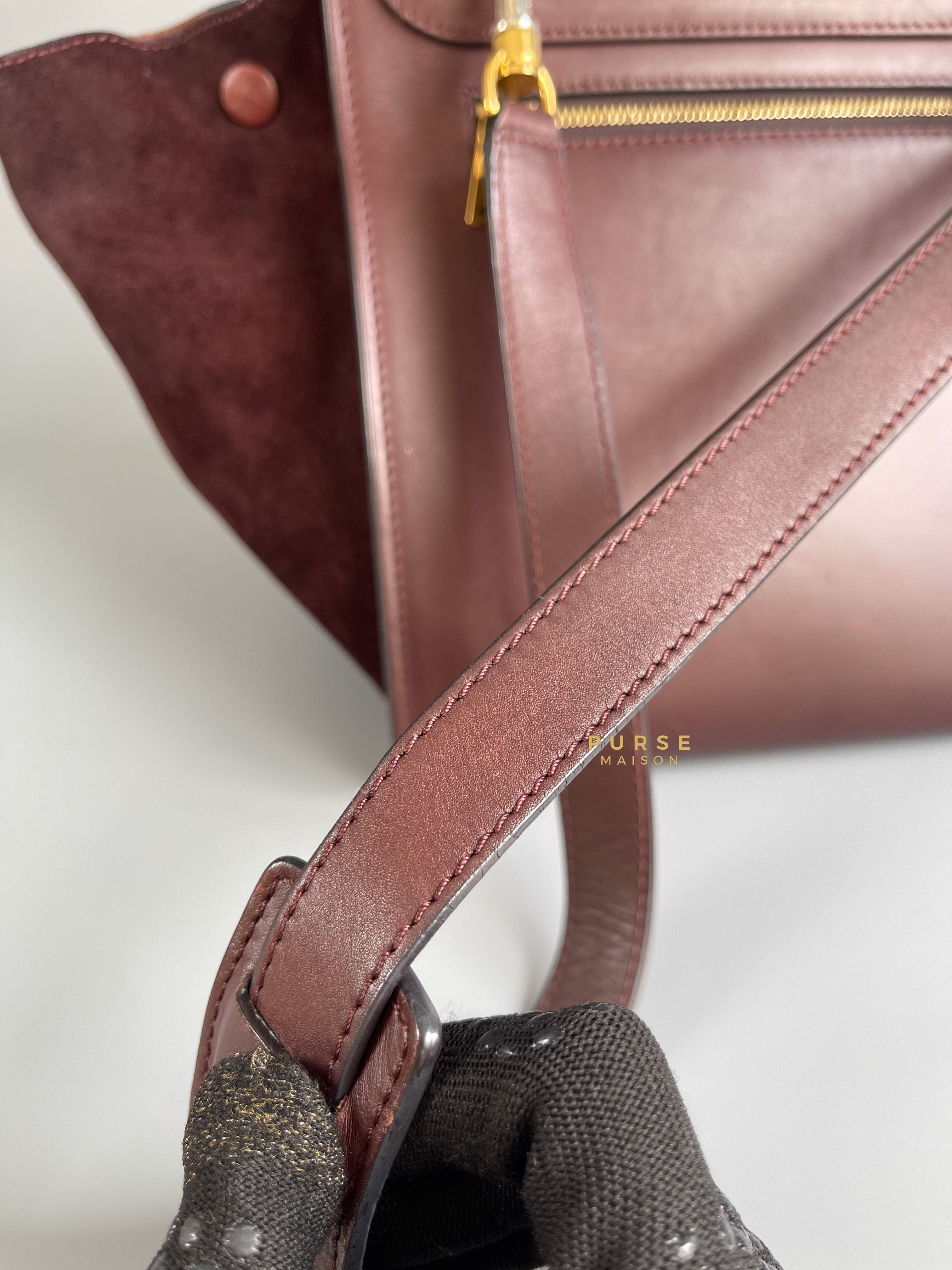 Celine Burgundy Smooth Calfskin Suede Medium Trapeze Long Strap Bag | Purse Maison Luxury Bags Shop