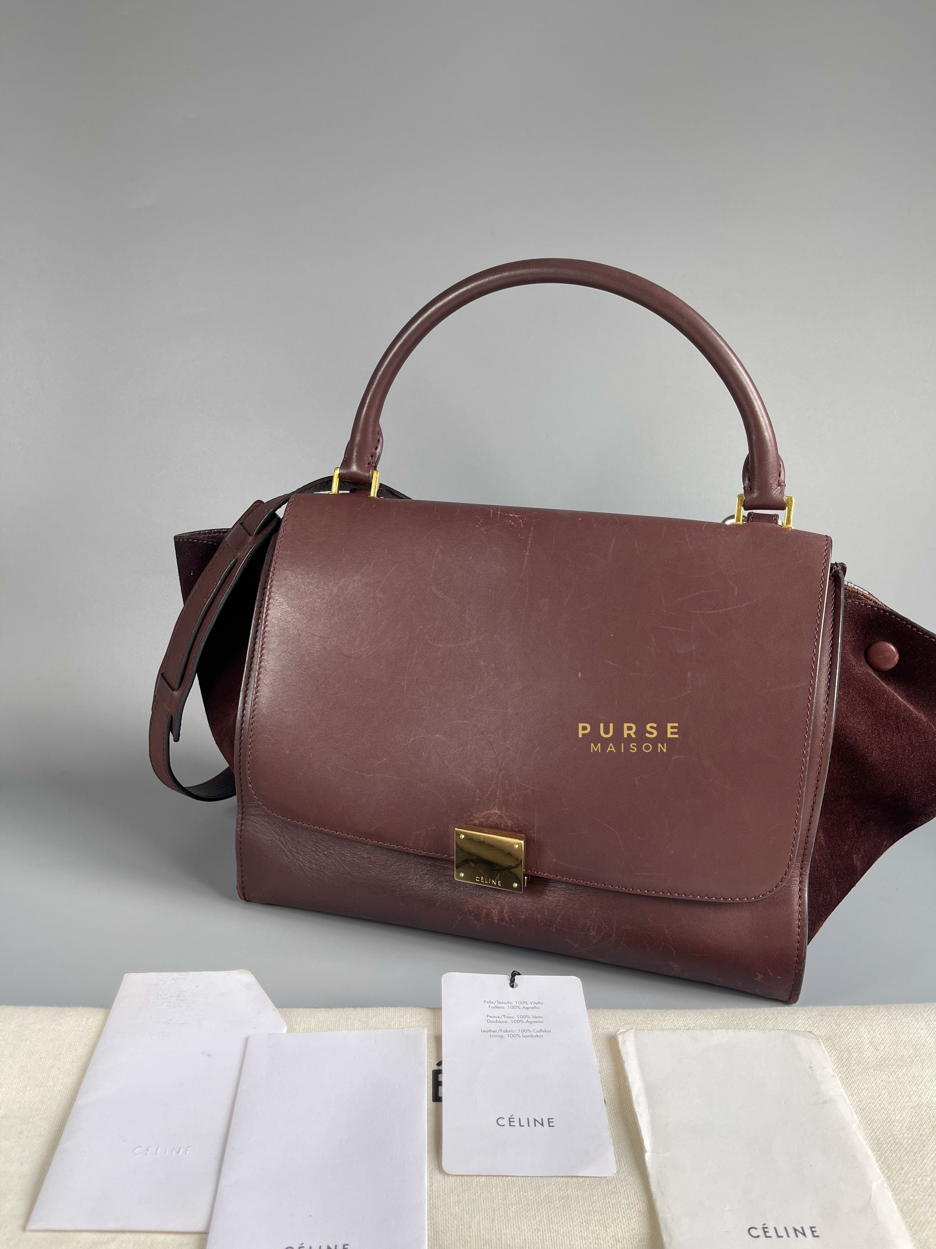 Celine Burgundy Smooth Calfskin Suede Medium Trapeze Long Strap Bag | Purse Maison Luxury Bags Shop