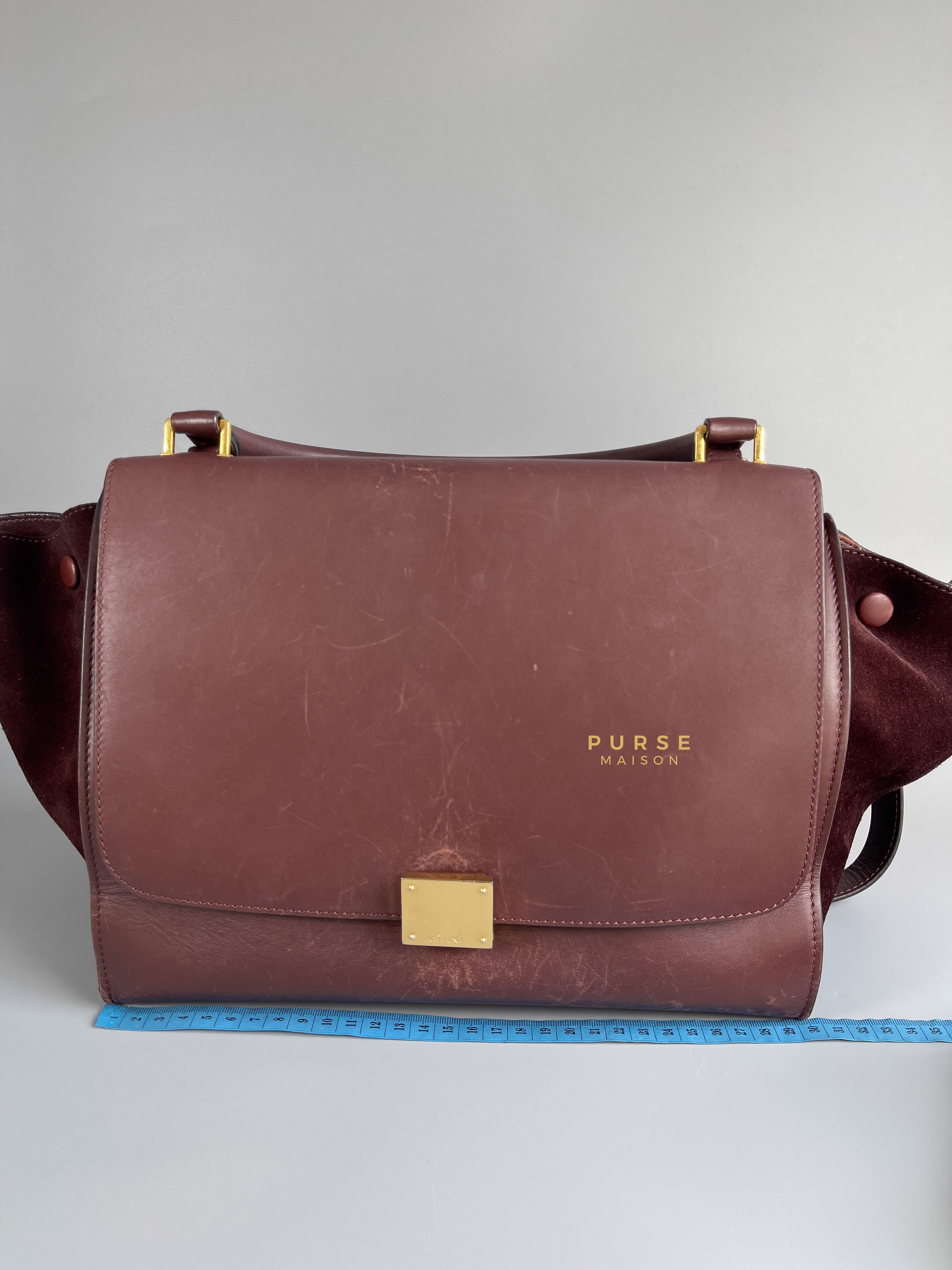 Celine Burgundy Smooth Calfskin Suede Medium Trapeze Long Strap Bag | Purse Maison Luxury Bags Shop