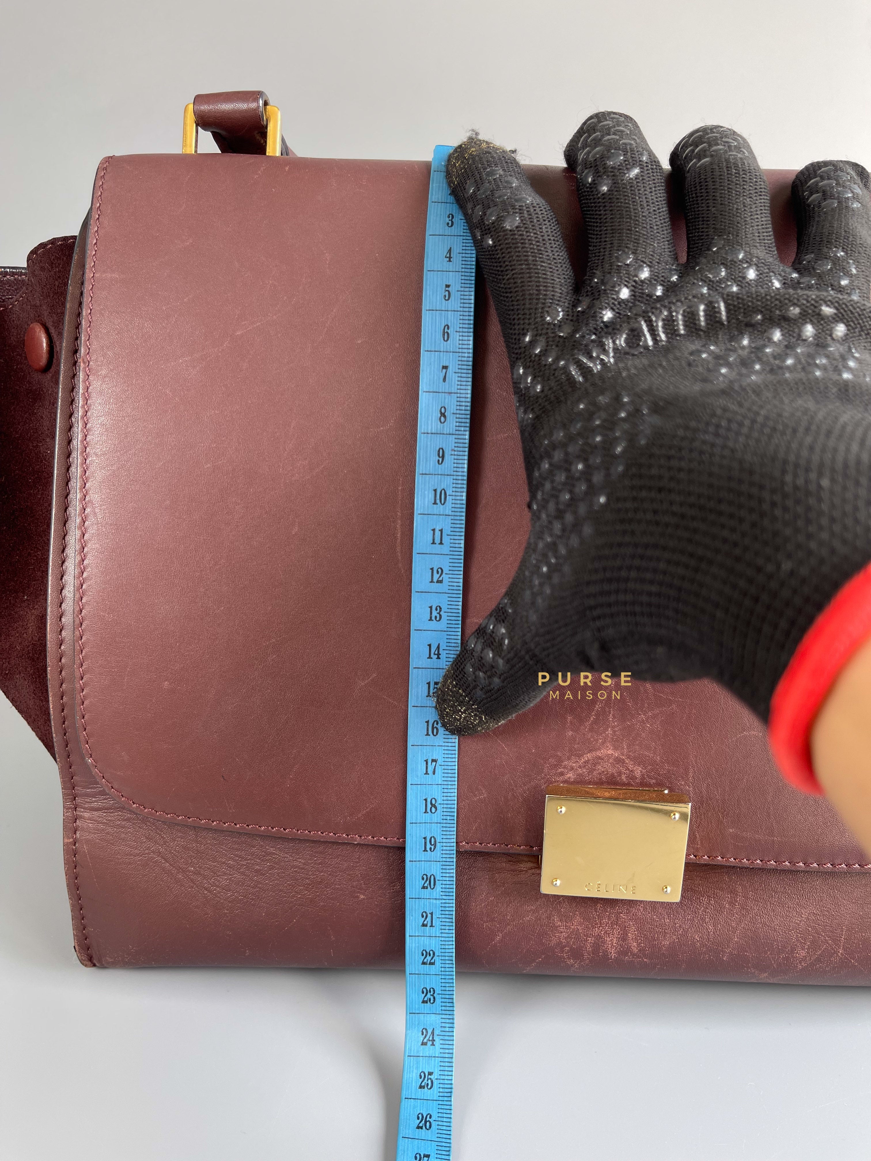 Celine Burgundy Smooth Calfskin Suede Medium Trapeze Long Strap Bag | Purse Maison Luxury Bags Shop