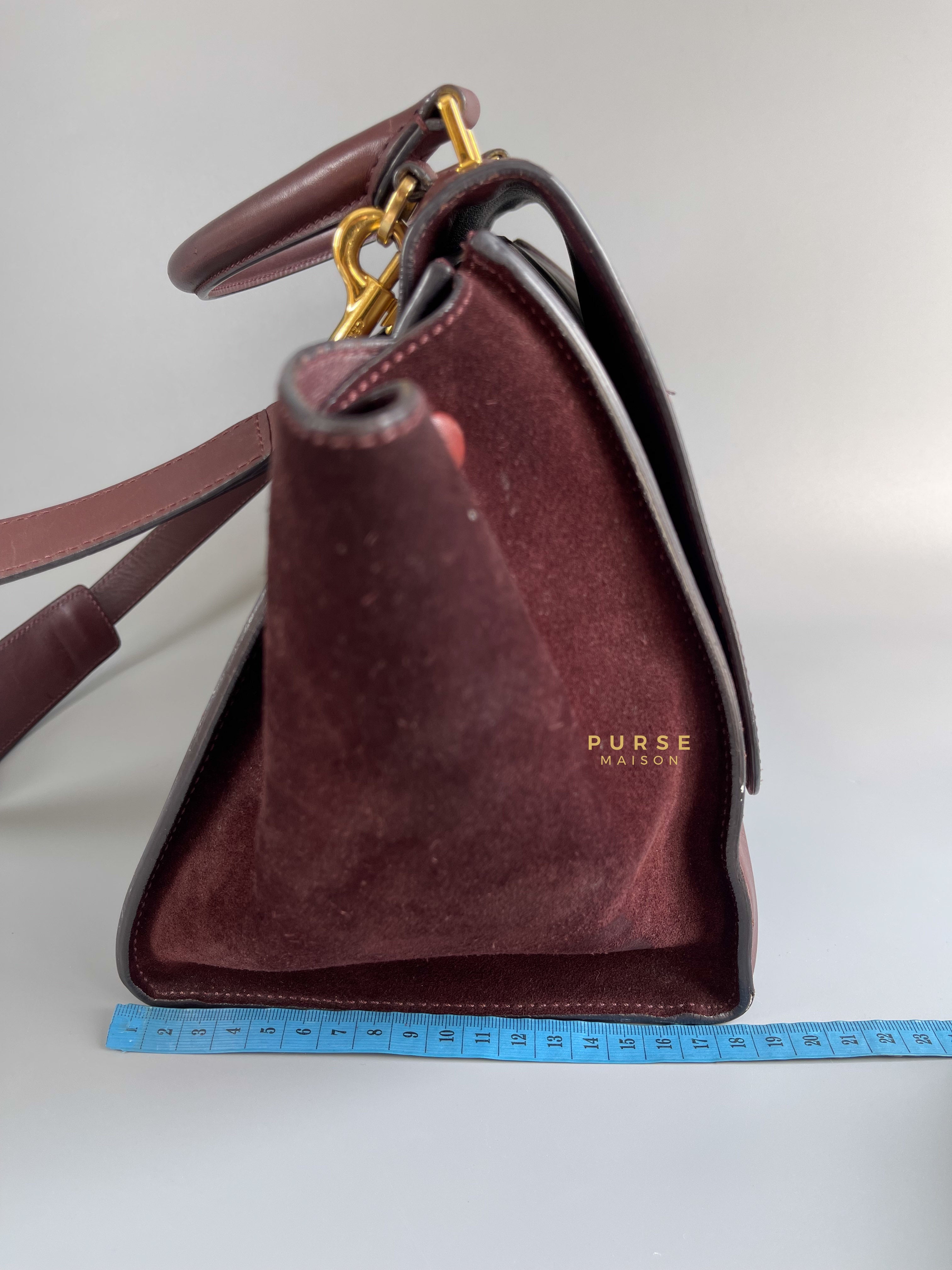 Celine Burgundy Smooth Calfskin Suede Medium Trapeze Long Strap Bag | Purse Maison Luxury Bags Shop