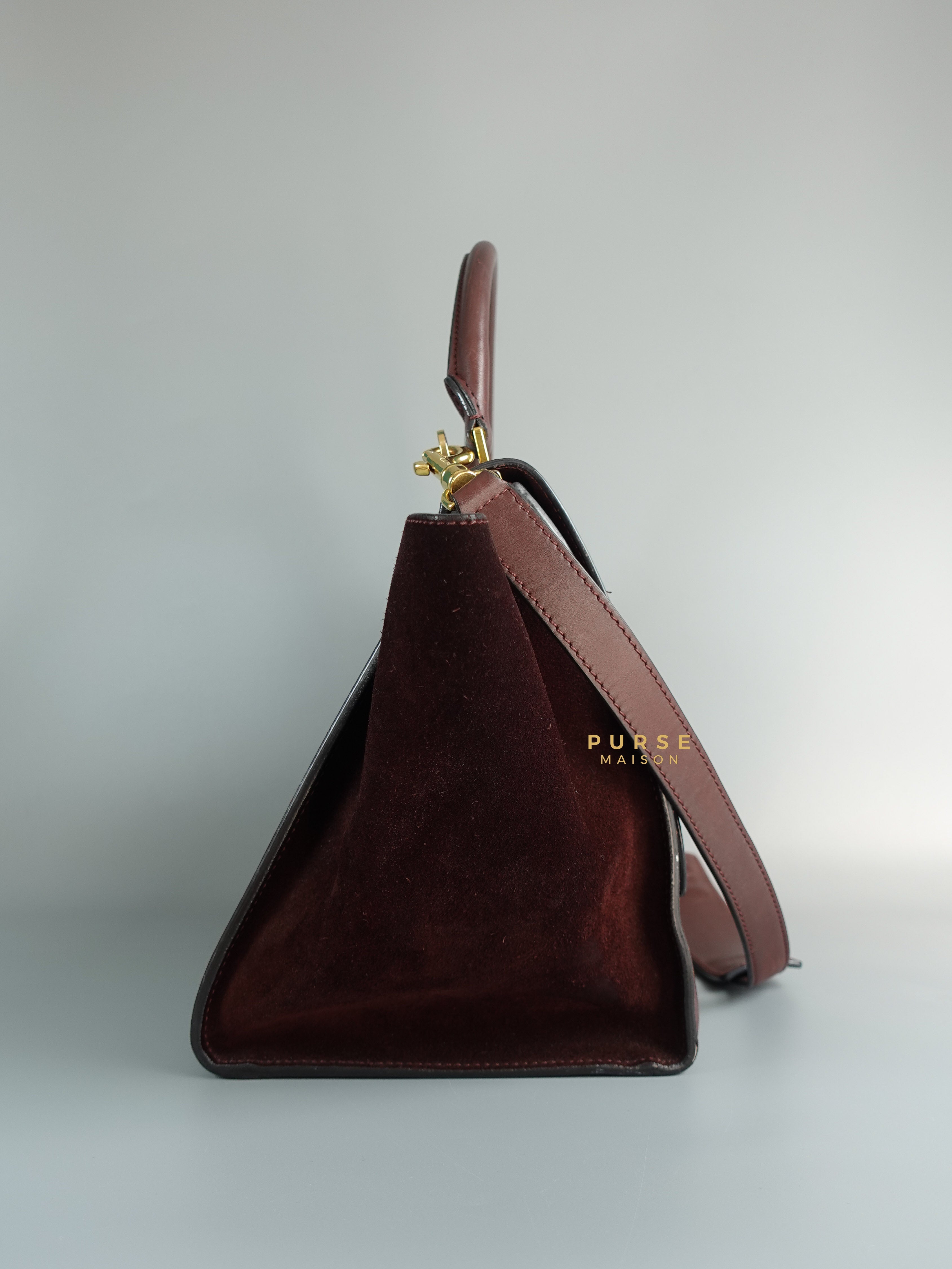 Celine Burgundy Smooth Calfskin Suede Medium Trapeze Long Strap Bag | Purse Maison Luxury Bags Shop