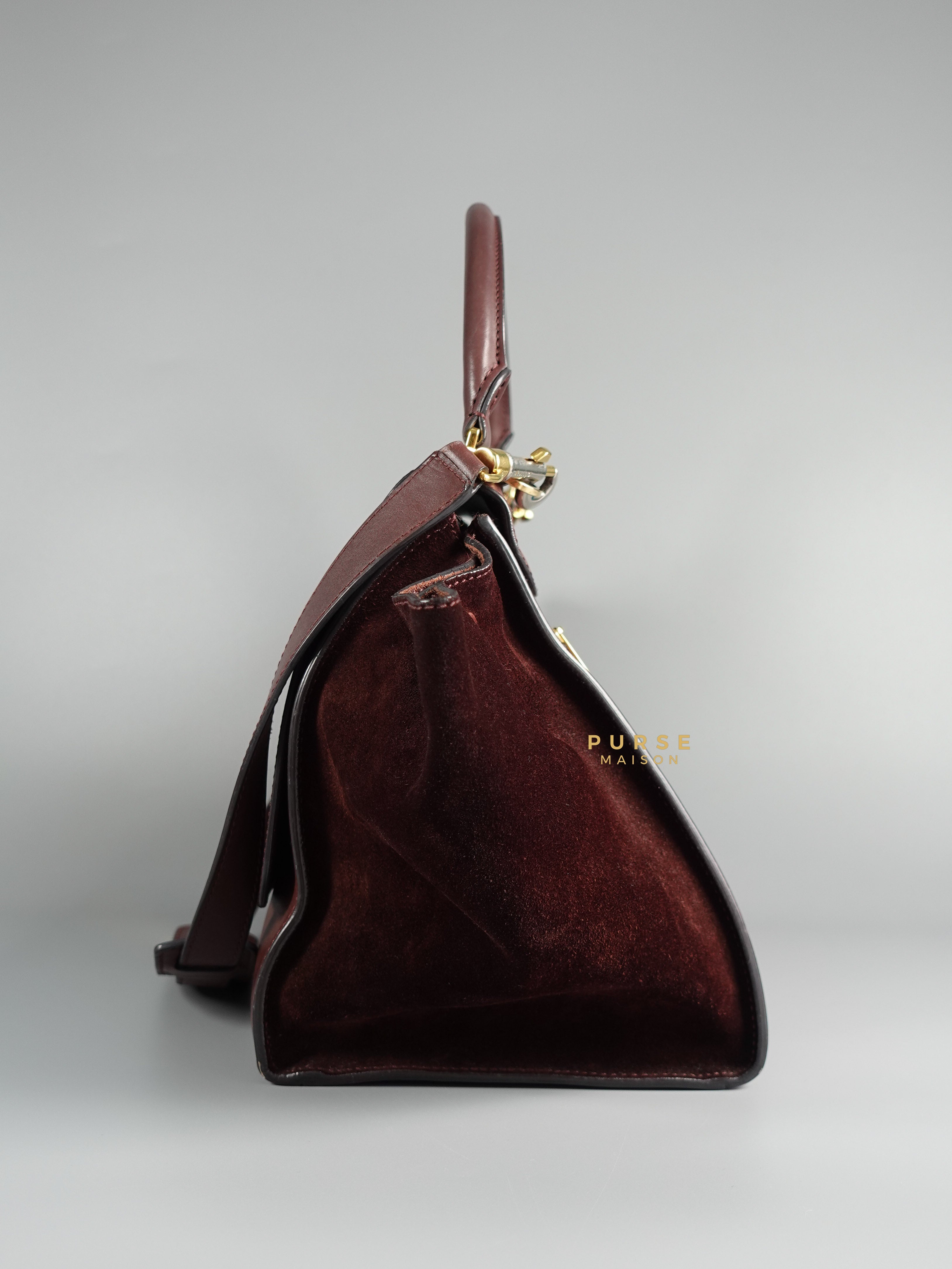 Celine Burgundy Smooth Calfskin Suede Medium Trapeze Long Strap Bag | Purse Maison Luxury Bags Shop