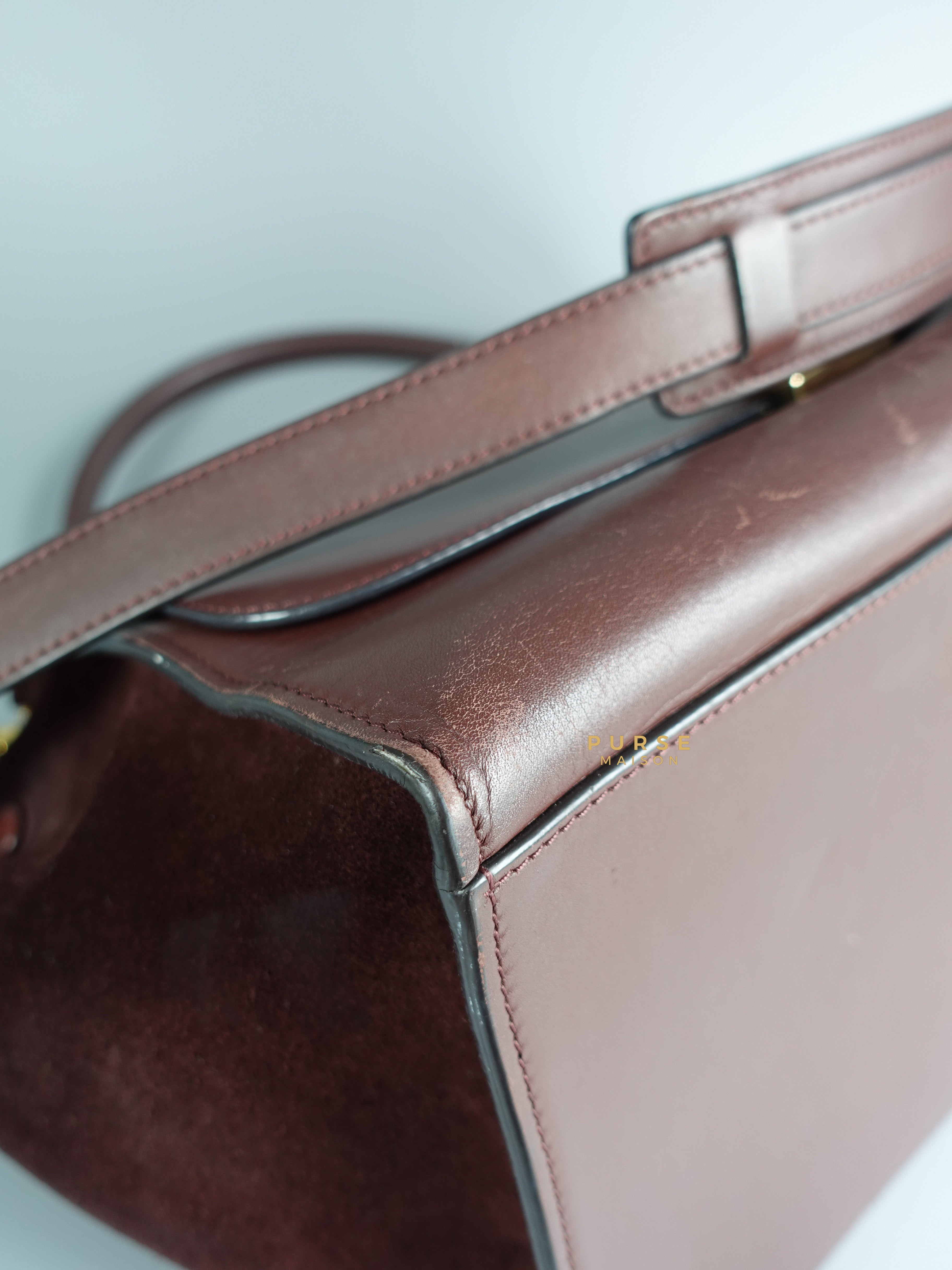 Celine Burgundy Smooth Calfskin Suede Medium Trapeze Long Strap Bag | Purse Maison Luxury Bags Shop