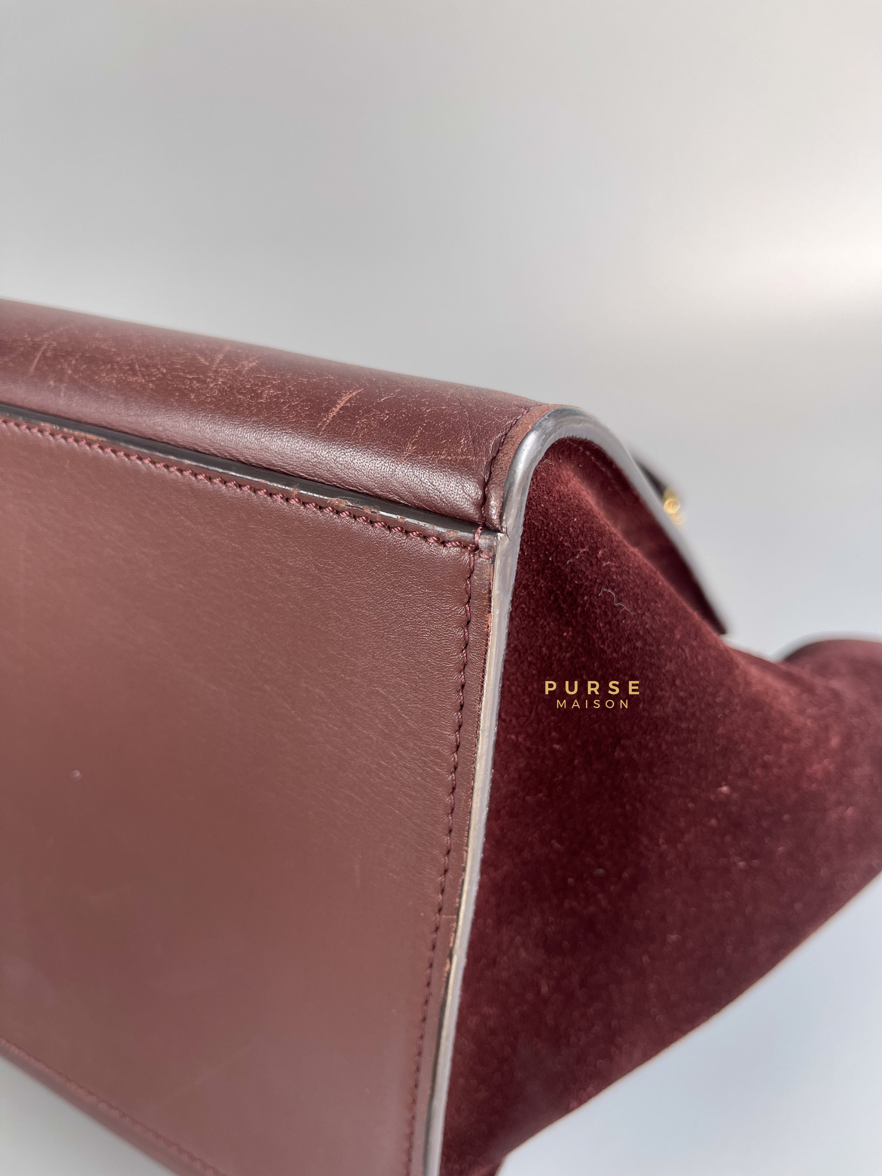 Celine Burgundy Smooth Calfskin Suede Medium Trapeze Long Strap Bag | Purse Maison Luxury Bags Shop