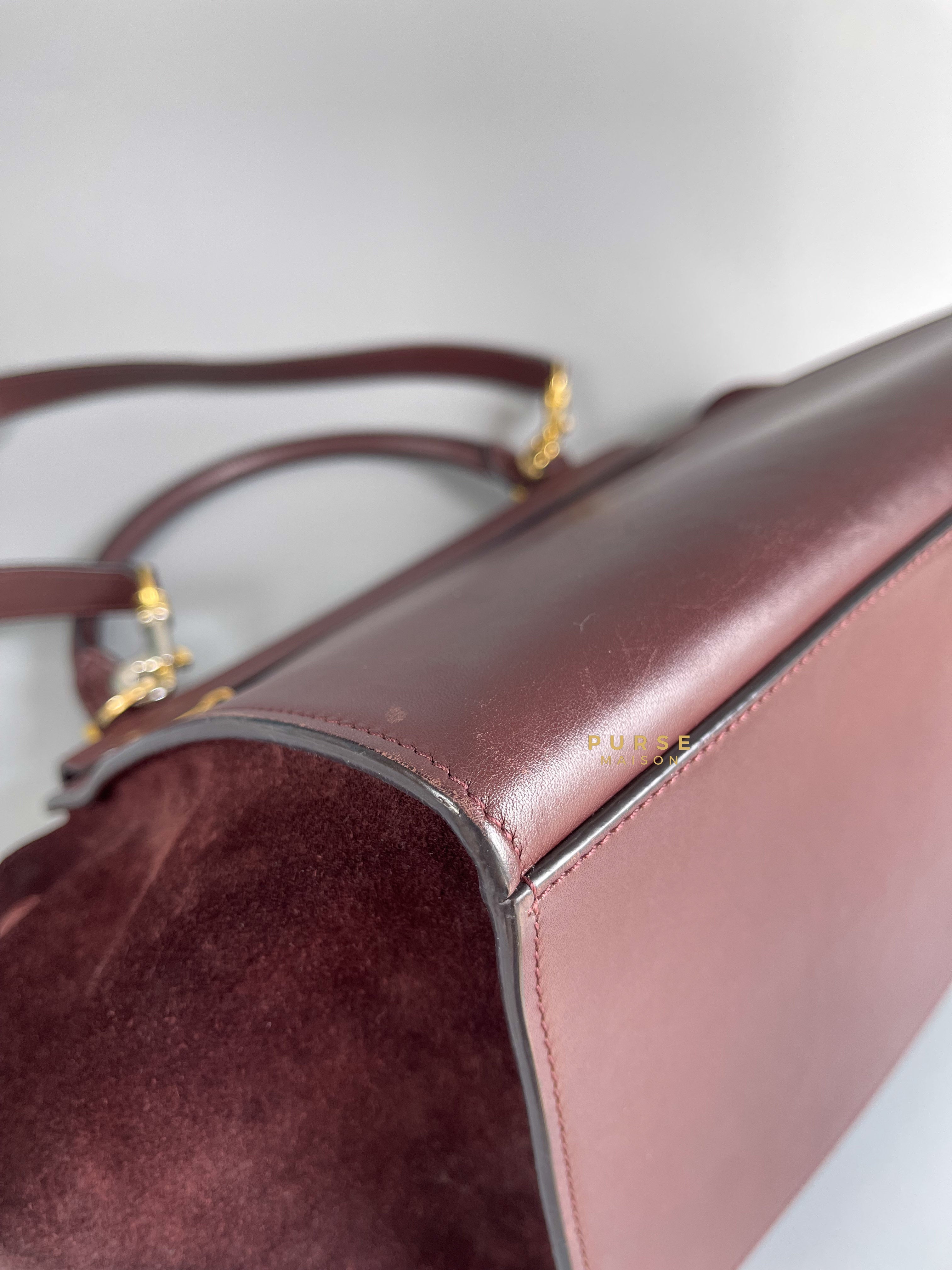 Celine Burgundy Smooth Calfskin Suede Medium Trapeze Long Strap Bag | Purse Maison Luxury Bags Shop