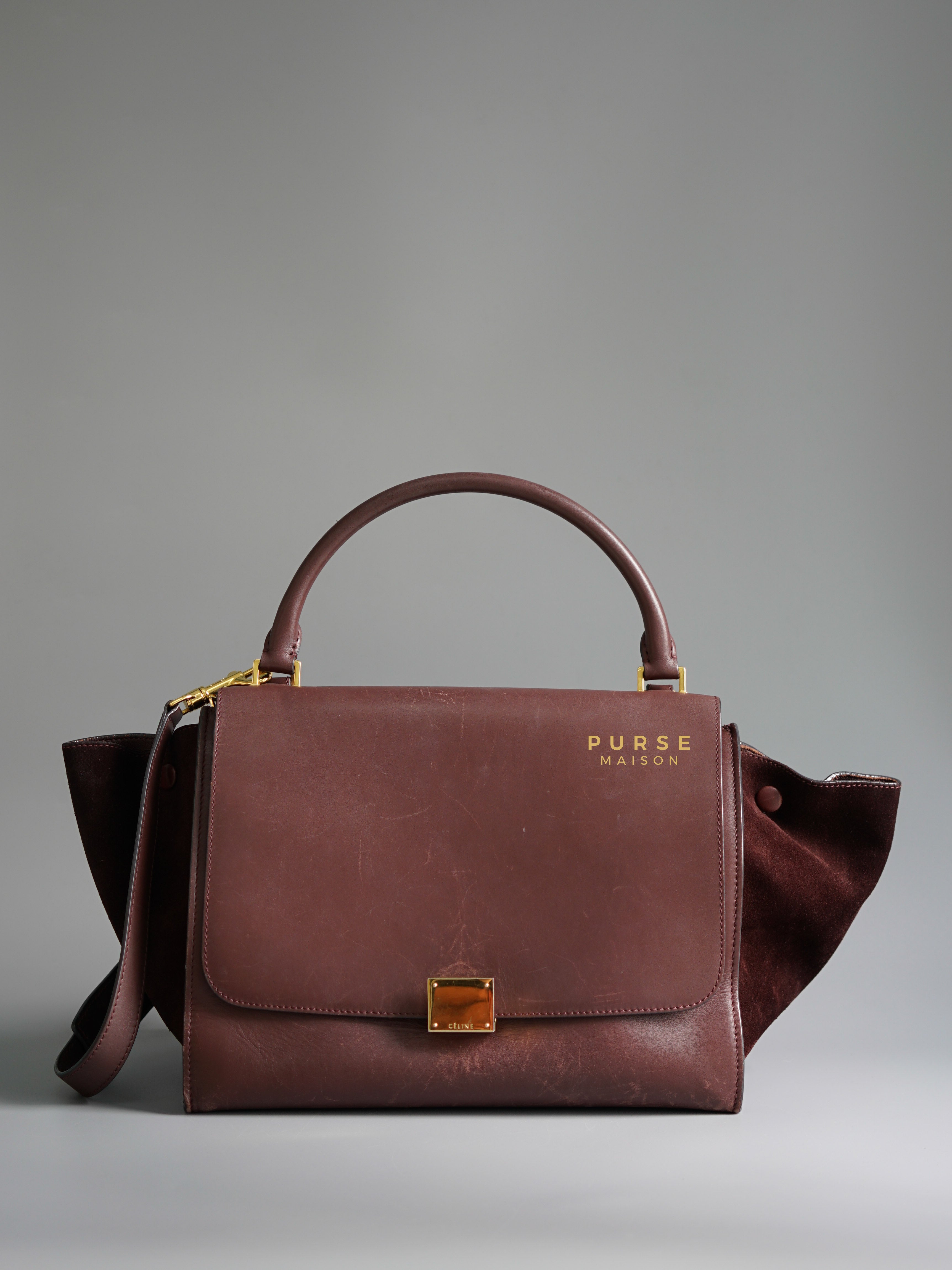 Celine Burgundy Smooth Calfskin Suede Medium Trapeze Long Strap Bag | Purse Maison Luxury Bags Shop