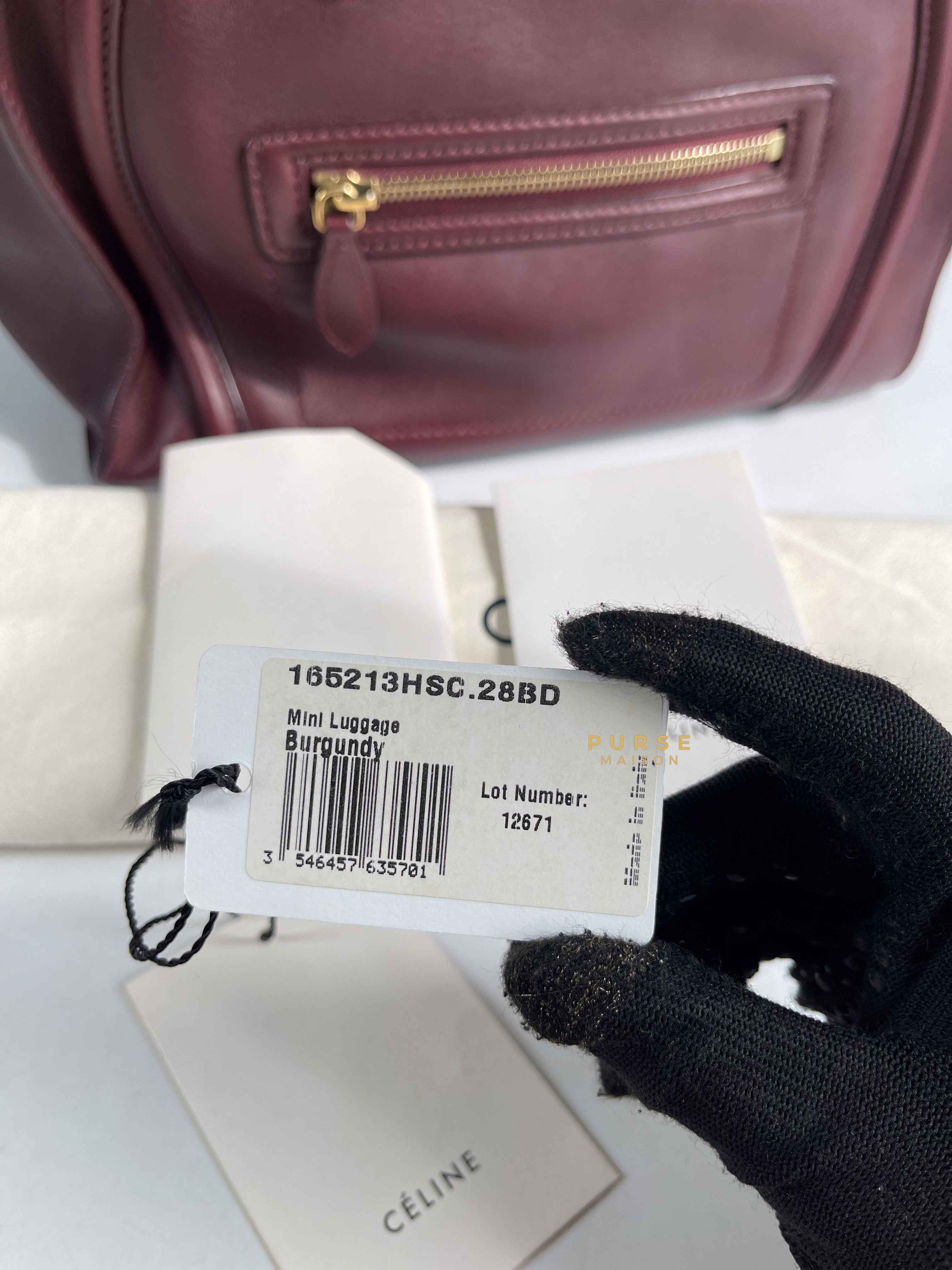 Celine Burgundy Smooth Calfskin Leather Mini Luggage Tote Bag | Purse Maison Luxury Bags Shop