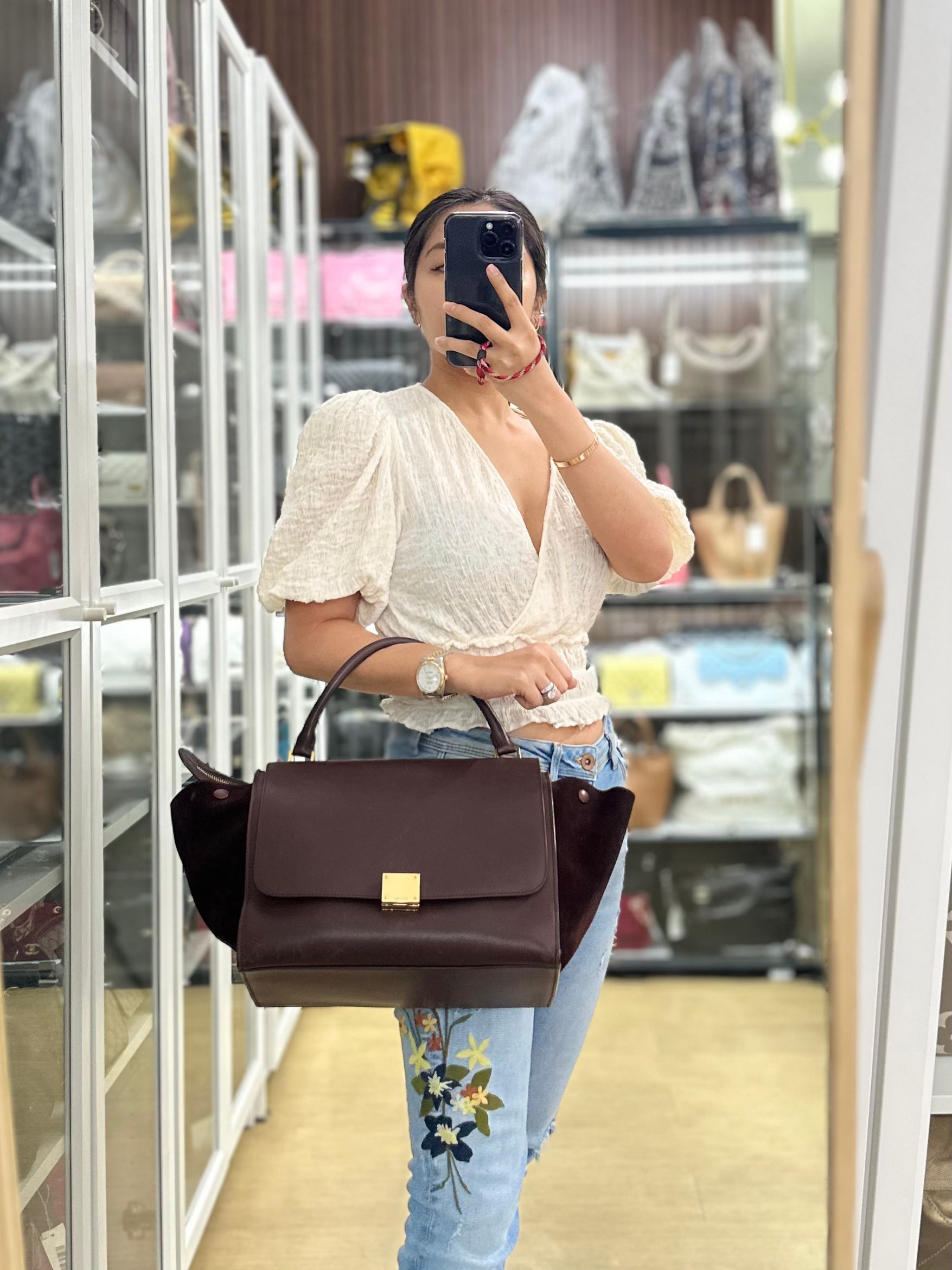 Celine Burgundy Smooth Calfskin Suede Medium Trapeze Long Strap Bag | Purse Maison Luxury Bags Shop