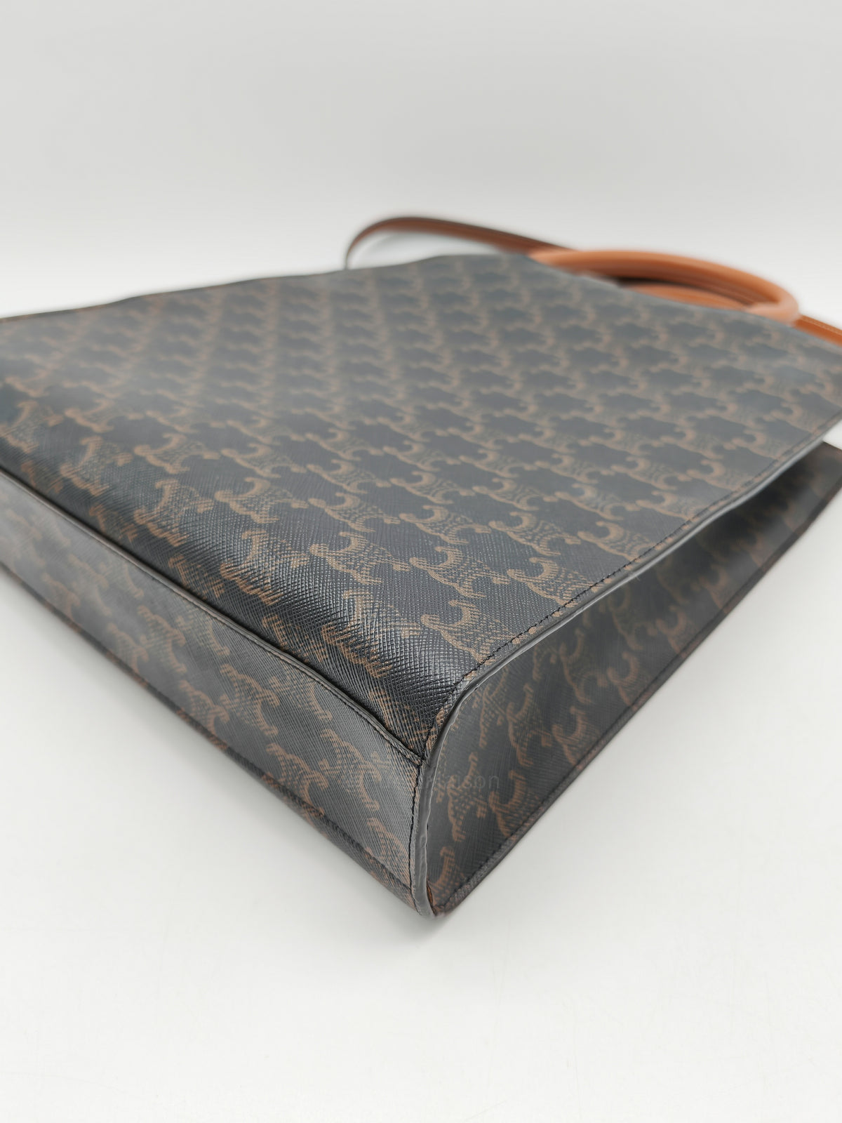 Celine Triomphe Canvas and Tan Calfskin Leather Small Vertical Cabas | Purse Maison Luxury Bags Shop