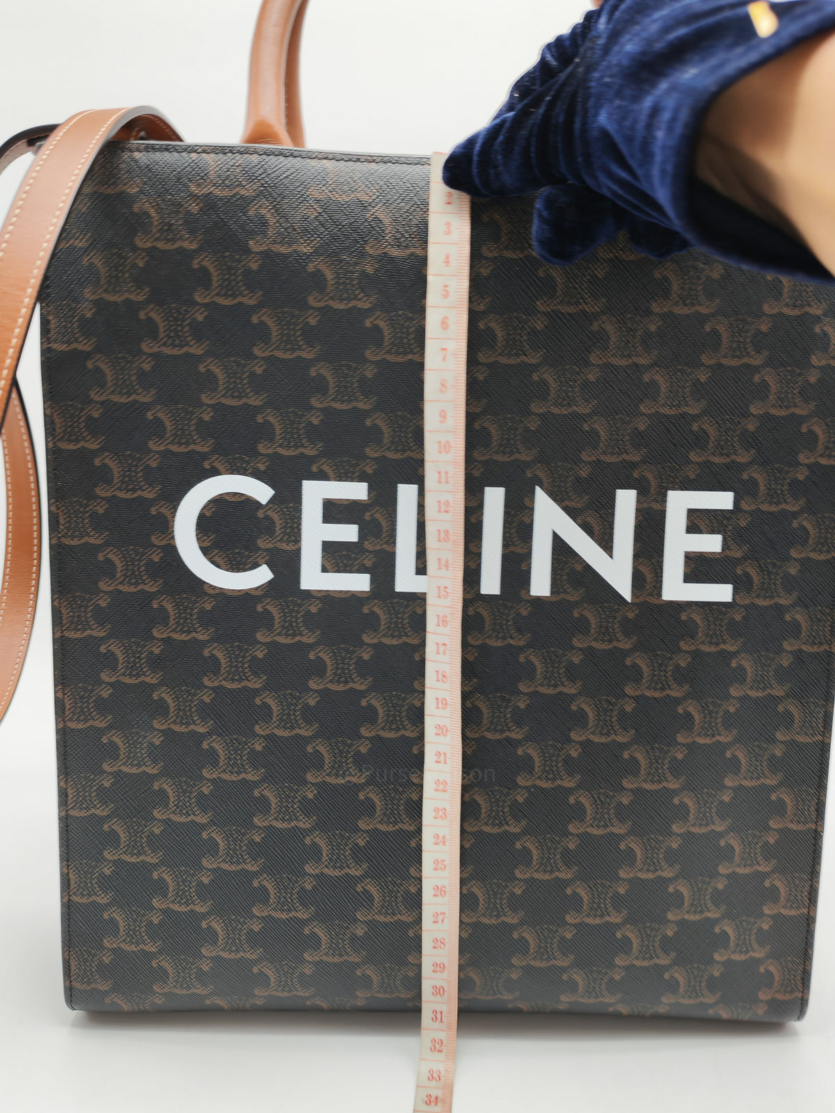 Celine Triomphe Canvas and Tan Calfskin Leather Small Vertical Cabas | Purse Maison Luxury Bags Shop