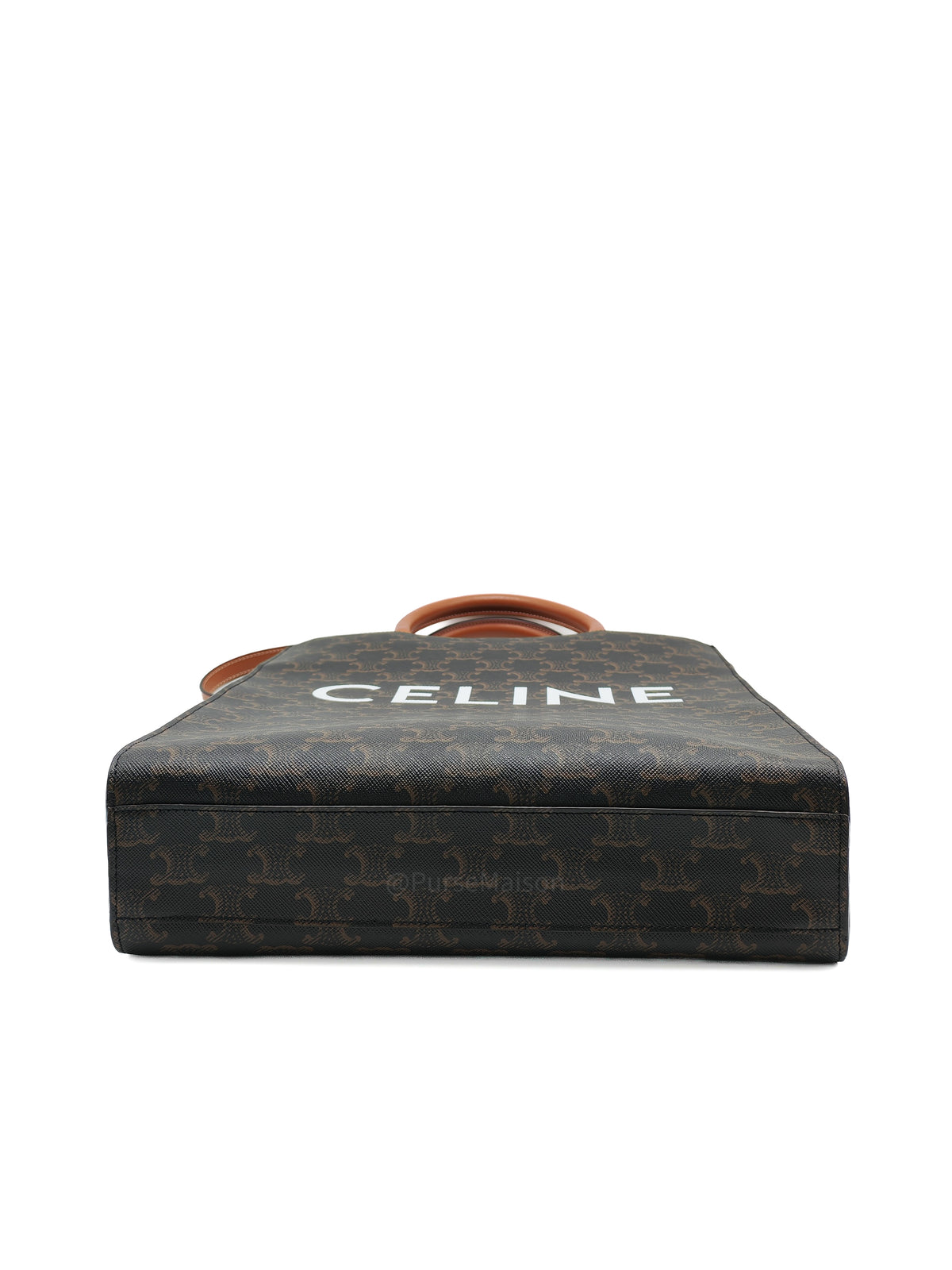 Celine Triomphe Canvas and Tan Calfskin Leather Small Vertical Cabas | Purse Maison Luxury Bags Shop