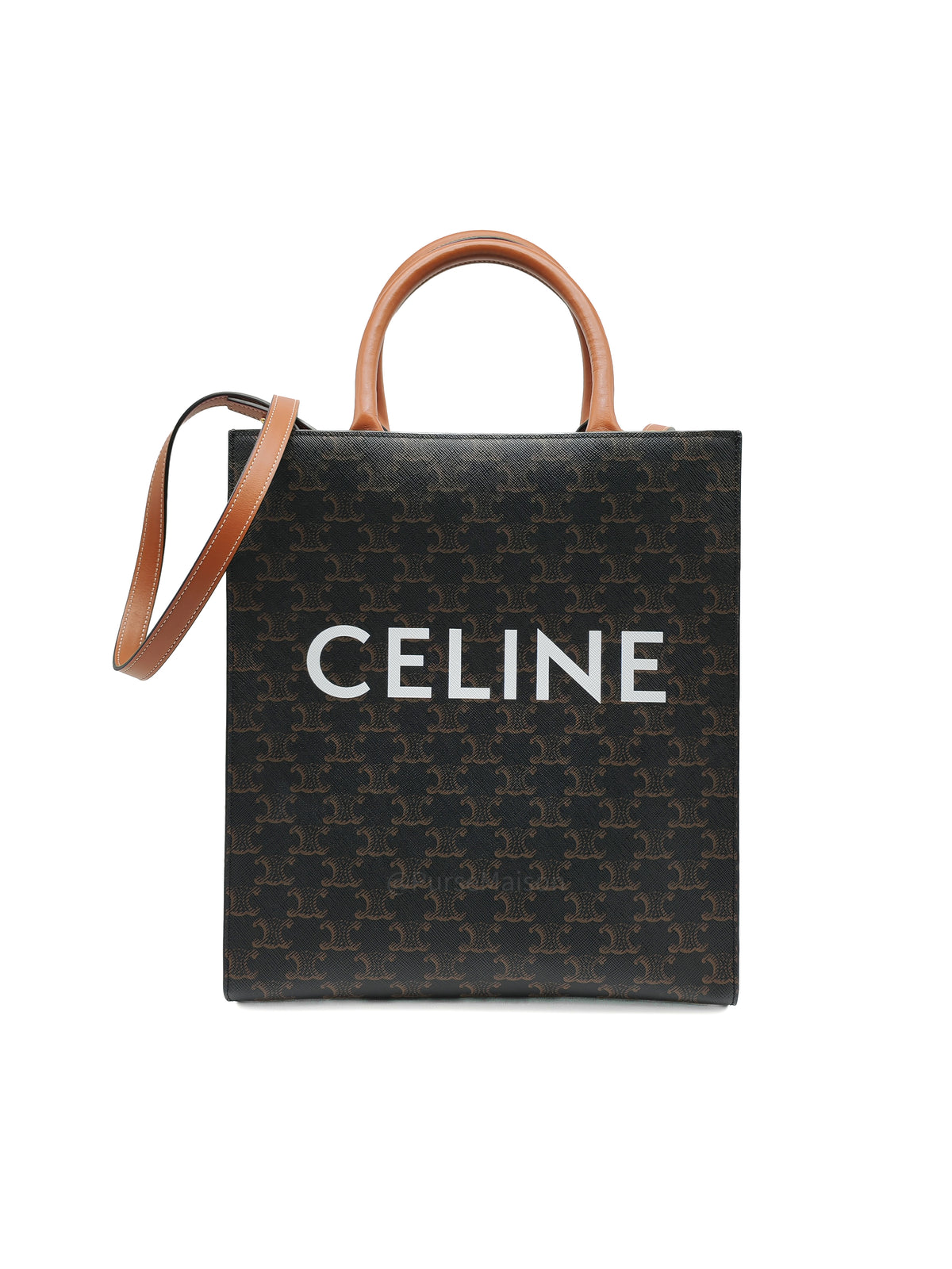 Celine Triomphe Canvas and Tan Calfskin Leather Small Vertical Cabas | Purse Maison Luxury Bags Shop