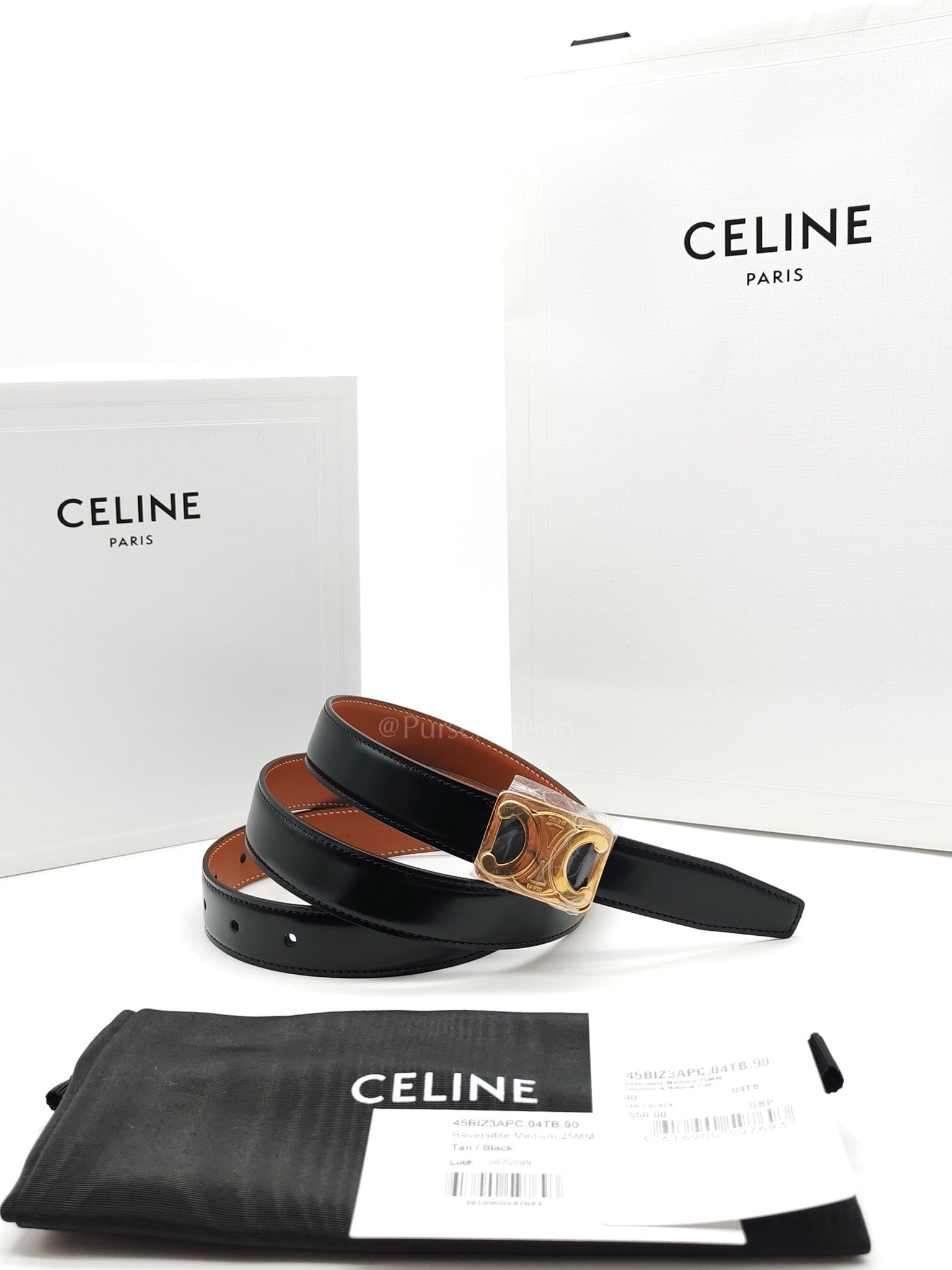 Celine Reversible Triomphe Belt in Black/Tan Calfskin Leather & Gold Hardware