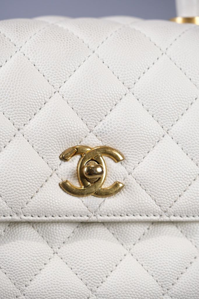 Chain Coco Handle Small in White Caviar Leather and Aged Gold Hardware (Microchip) | Purse Maison Luxury Bags Shop