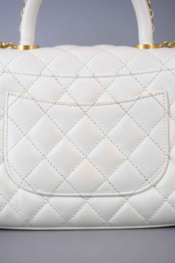 Chain Coco Handle Small in White Caviar Leather and Aged Gold Hardware (Microchip) | Purse Maison Luxury Bags Shop