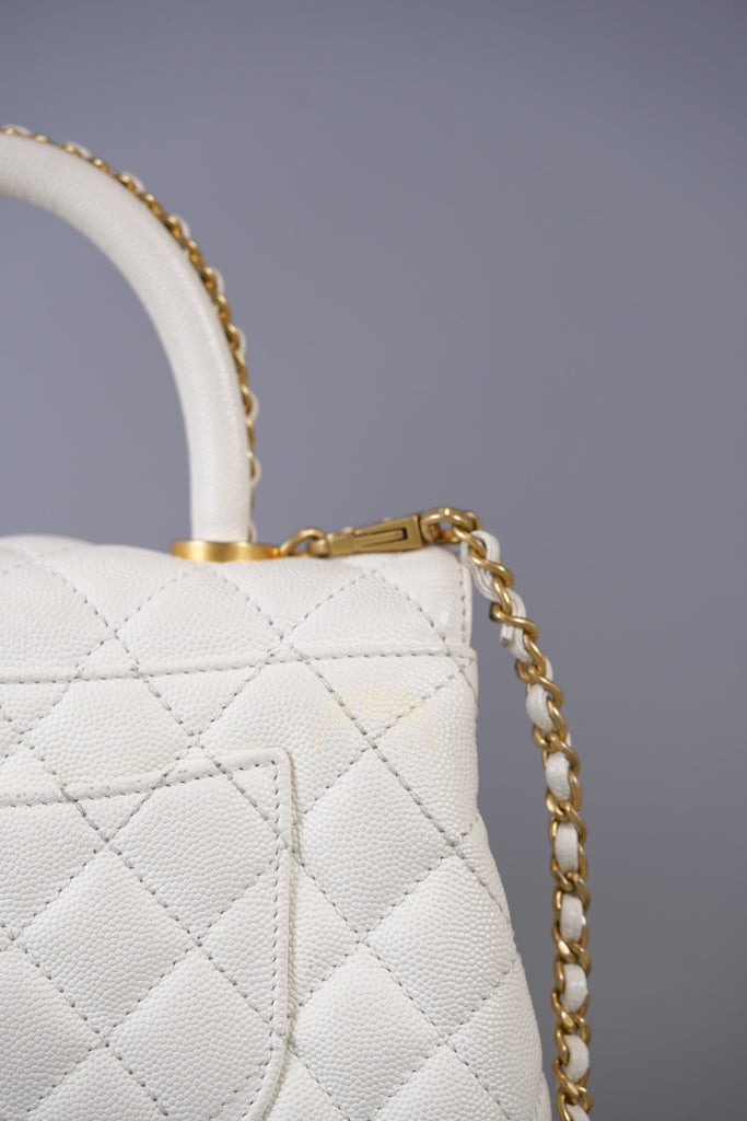 Chain Coco Handle Small in White Caviar Leather and Aged Gold Hardware (Microchip) | Purse Maison Luxury Bags Shop