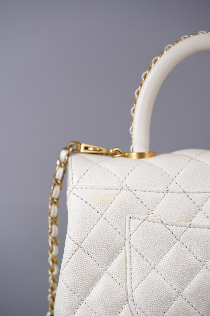 Chain Coco Handle Small in White Caviar Leather and Aged Gold Hardware (Microchip) | Purse Maison Luxury Bags Shop