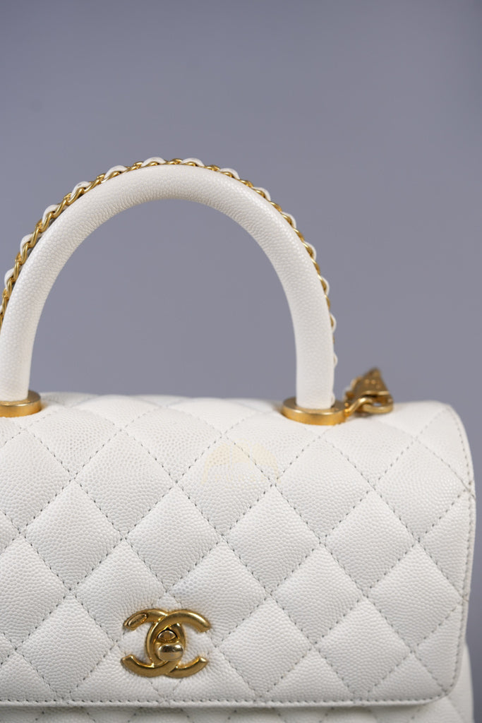 Chain Coco Handle Small in White Caviar Leather and Aged Gold Hardware (Microchip) | Purse Maison Luxury Bags Shop