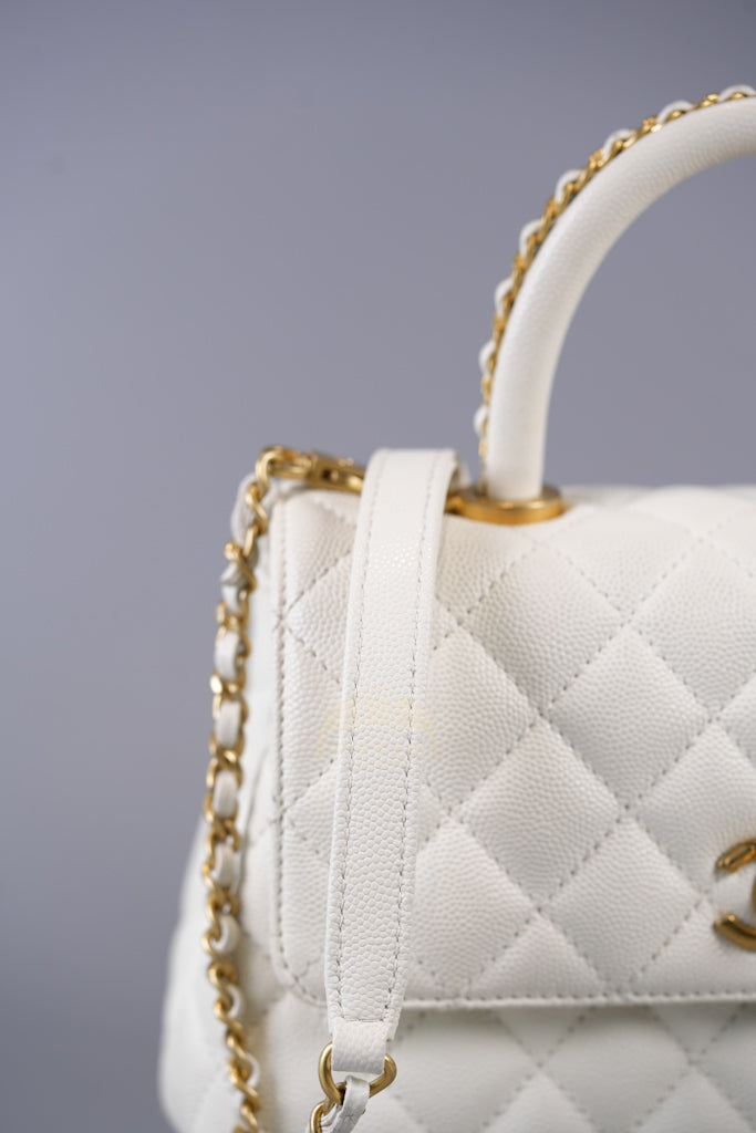 Chain Coco Handle Small in White Caviar Leather and Aged Gold Hardware (Microchip) | Purse Maison Luxury Bags Shop