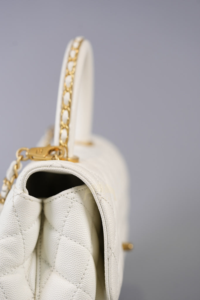 Chain Coco Handle Small in White Caviar Leather and Aged Gold Hardware (Microchip) | Purse Maison Luxury Bags Shop