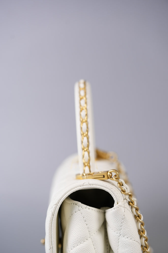 Chain Coco Handle Small in White Caviar Leather and Aged Gold Hardware (Microchip) | Purse Maison Luxury Bags Shop
