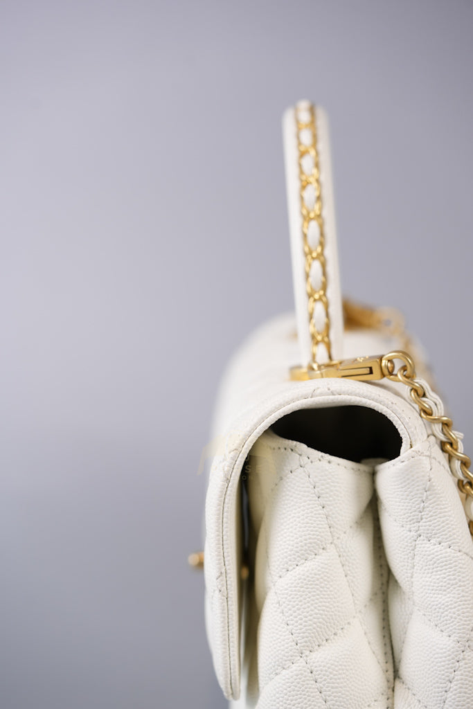 Chain Coco Handle Small in White Caviar Leather and Aged Gold Hardware (Microchip) | Purse Maison Luxury Bags Shop