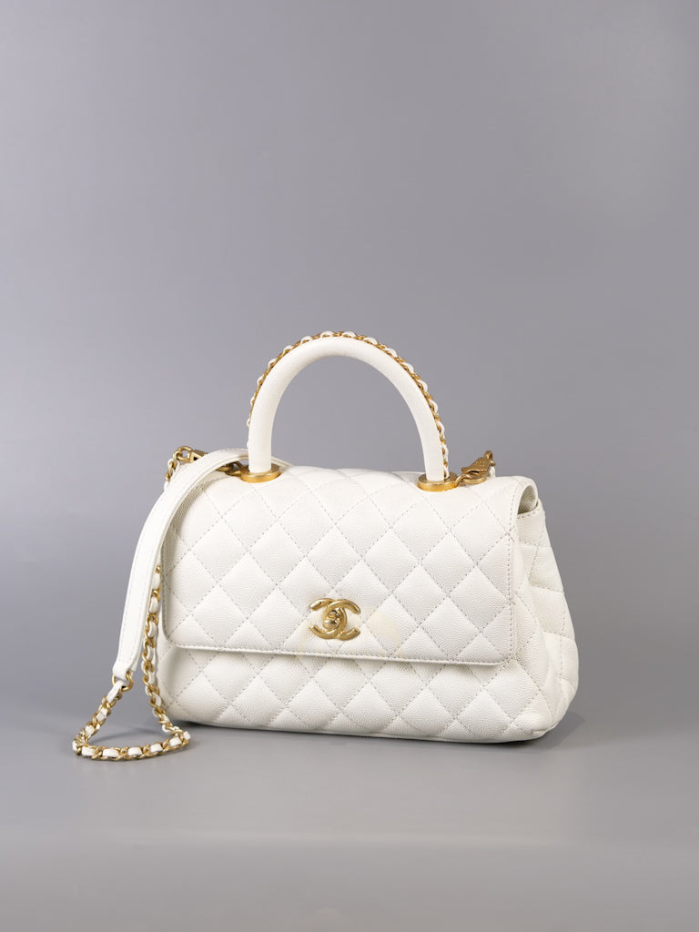 Chain Coco Handle Small in White Caviar Leather and Aged Gold Hardware (Microchip) | Purse Maison Luxury Bags Shop