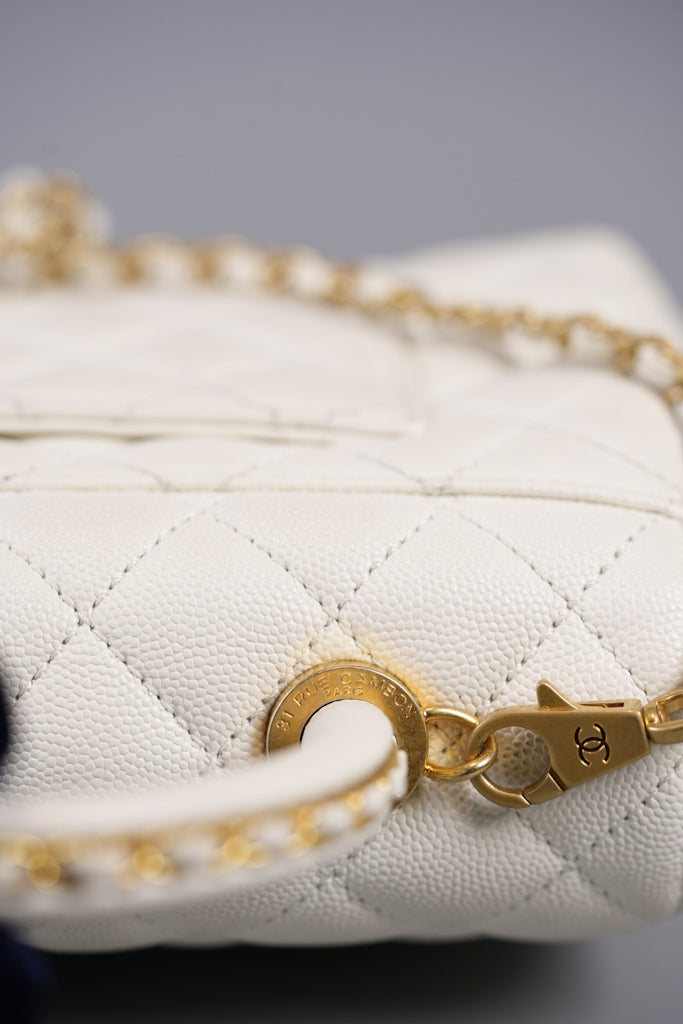 Chain Coco Handle Small in White Caviar Leather and Aged Gold Hardware (Microchip) | Purse Maison Luxury Bags Shop