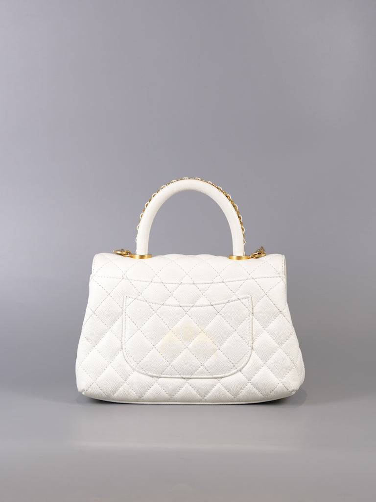 Chain Coco Handle Small in White Caviar Leather and Aged Gold Hardware (Microchip) | Purse Maison Luxury Bags Shop