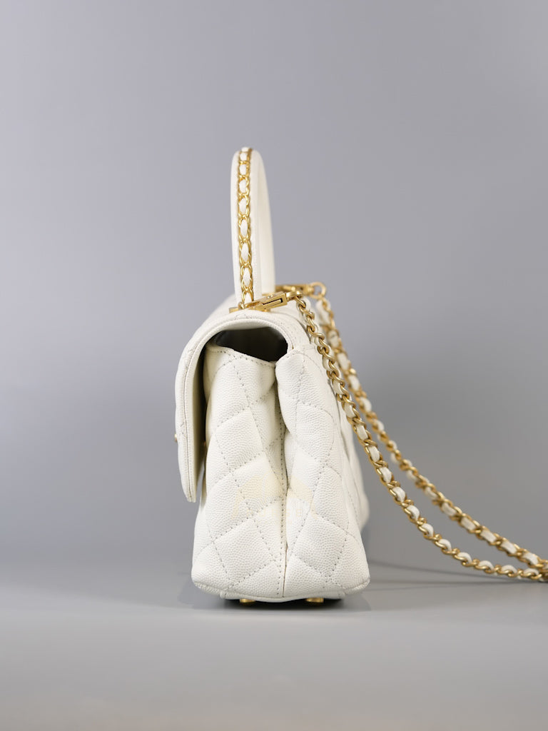 Chain Coco Handle Small in White Caviar Leather and Aged Gold Hardware (Microchip) | Purse Maison Luxury Bags Shop