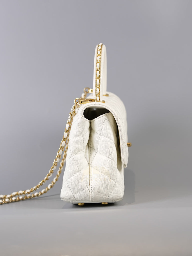 Chain Coco Handle Small in White Caviar Leather and Aged Gold Hardware (Microchip) | Purse Maison Luxury Bags Shop
