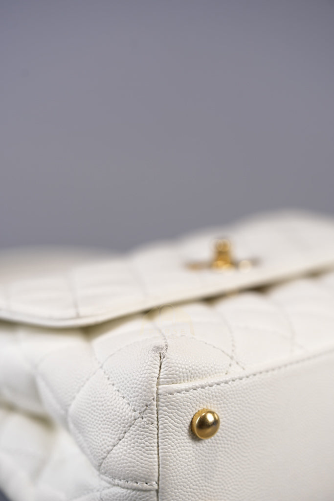 Chain Coco Handle Small in White Caviar Leather and Aged Gold Hardware (Microchip) | Purse Maison Luxury Bags Shop