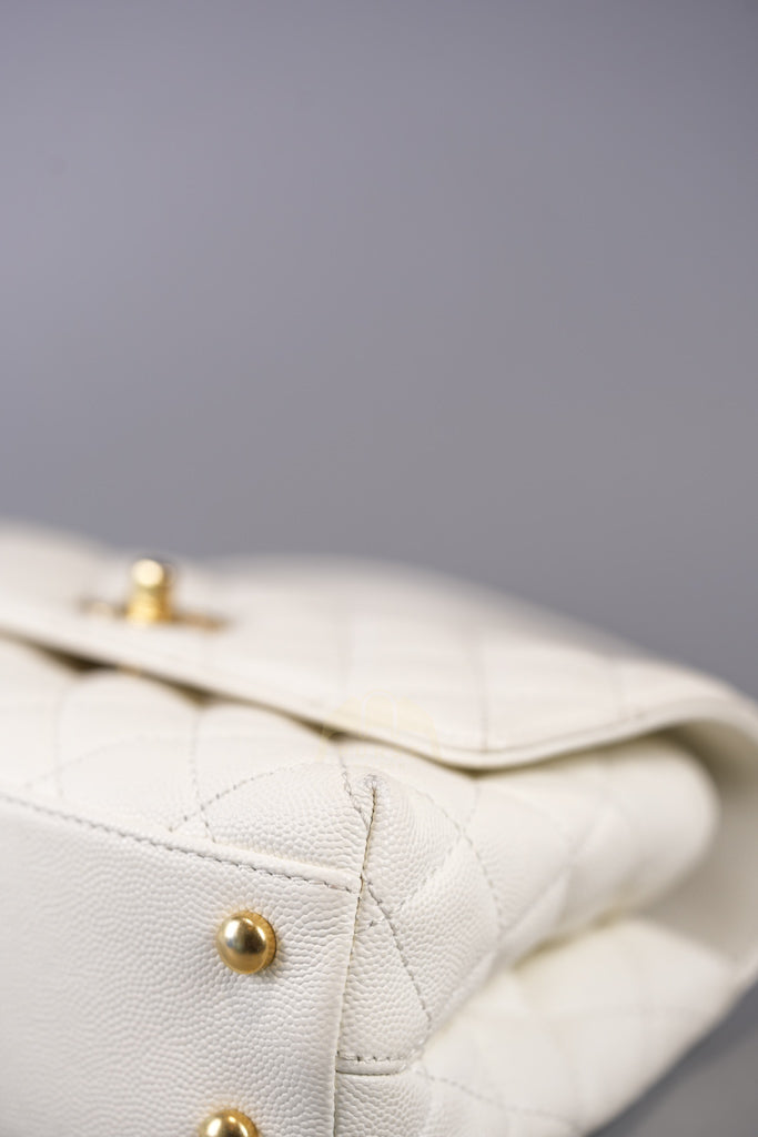 Chain Coco Handle Small in White Caviar Leather and Aged Gold Hardware (Microchip) | Purse Maison Luxury Bags Shop