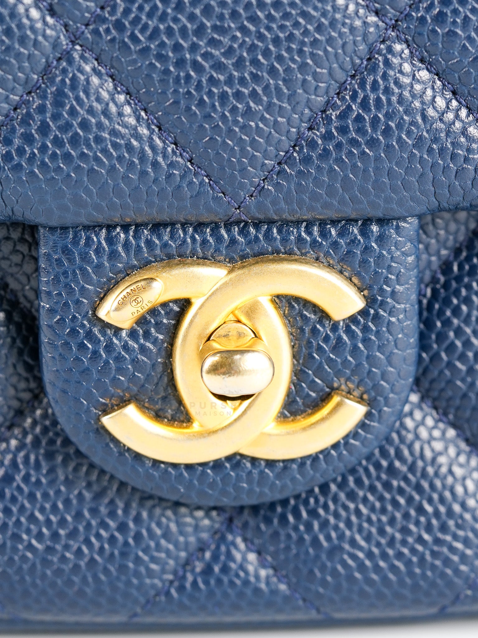 Chain Soul Flap in Navy Blue Caviar Leather and Aged Gold Hardware (Microchip) | Purse Maison Luxury Bags Shop