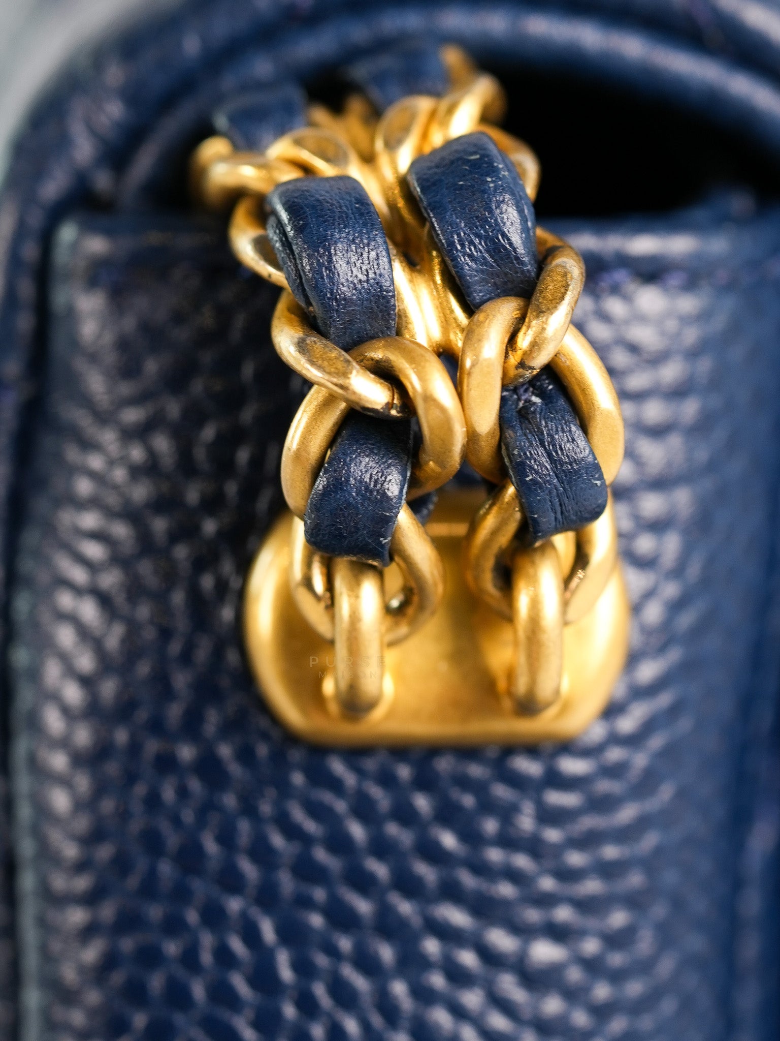 Chain Soul Flap in Navy Blue Caviar Leather and Aged Gold Hardware (Microchip) | Purse Maison Luxury Bags Shop