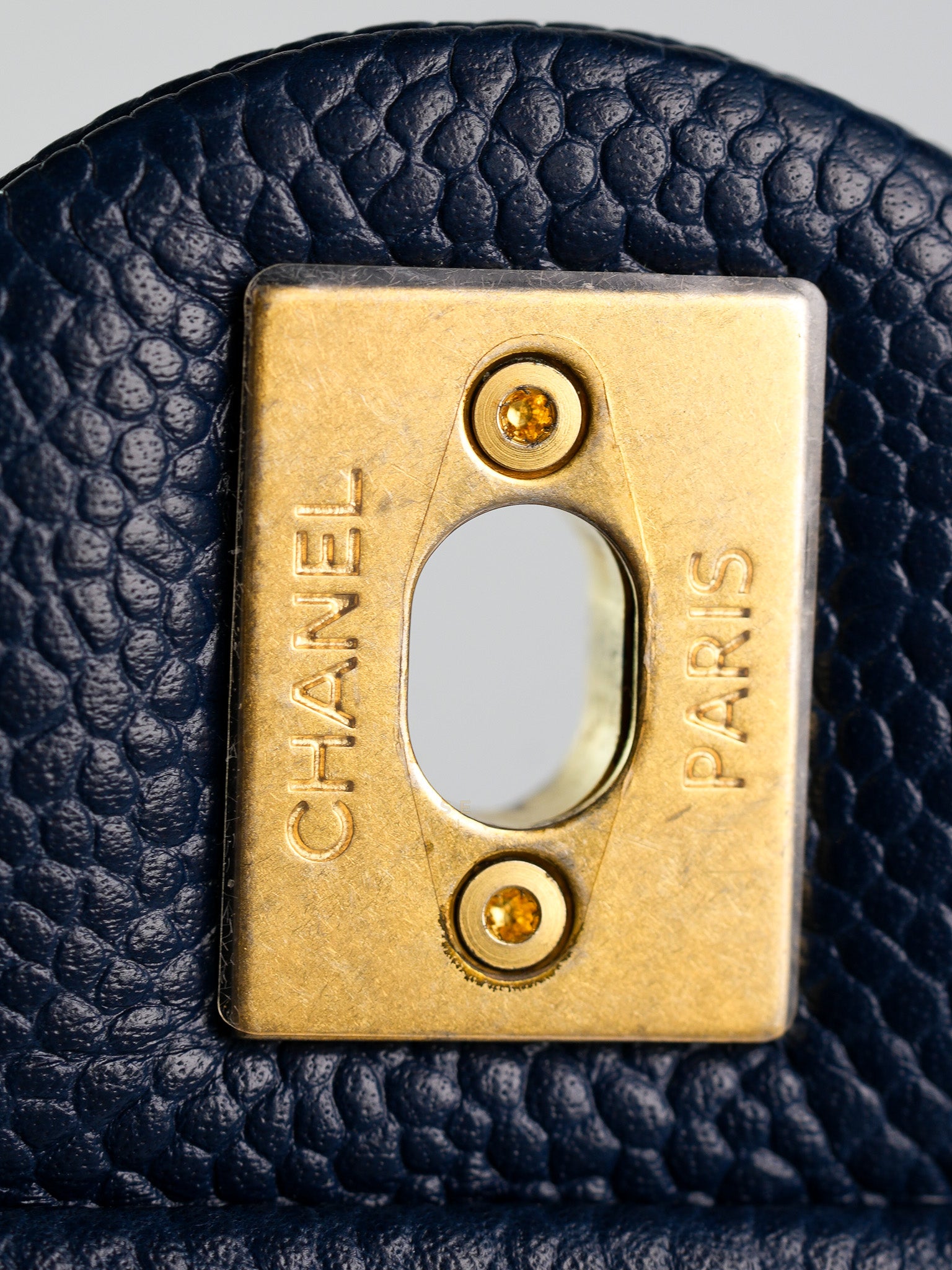 Chain Soul Flap in Navy Blue Caviar Leather and Aged Gold Hardware (Microchip) | Purse Maison Luxury Bags Shop