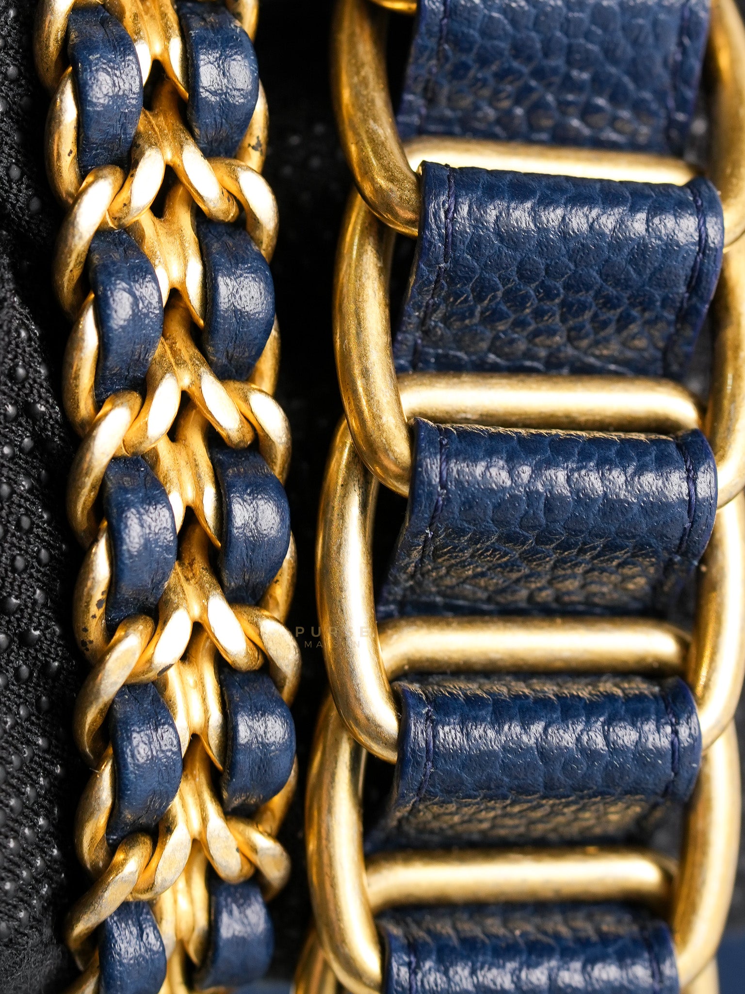 Chain Soul Flap in Navy Blue Caviar Leather and Aged Gold Hardware (Microchip) | Purse Maison Luxury Bags Shop