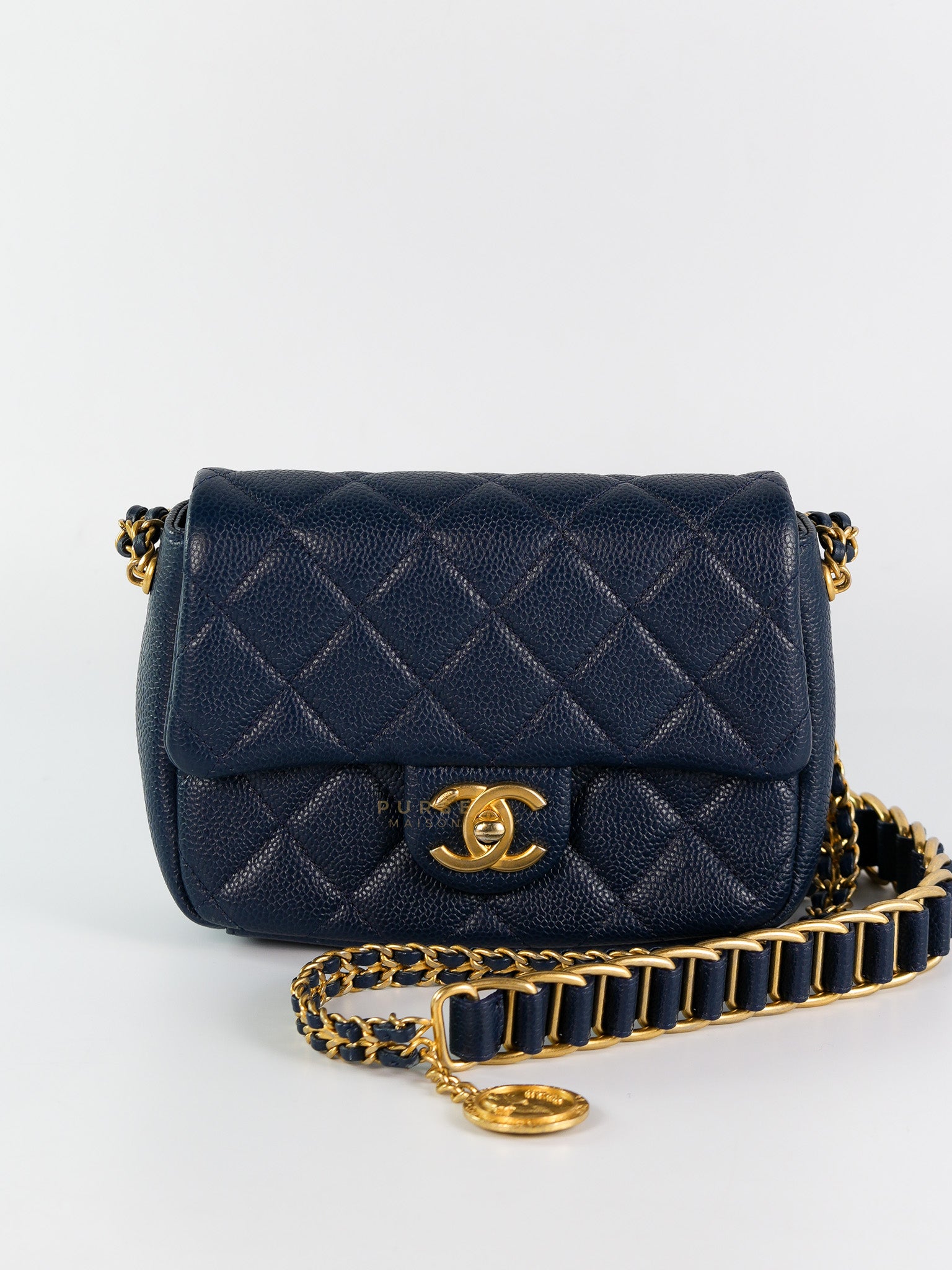 Chain Soul Flap in Navy Blue Caviar Leather and Aged Gold Hardware (Microchip) | Purse Maison Luxury Bags Shop