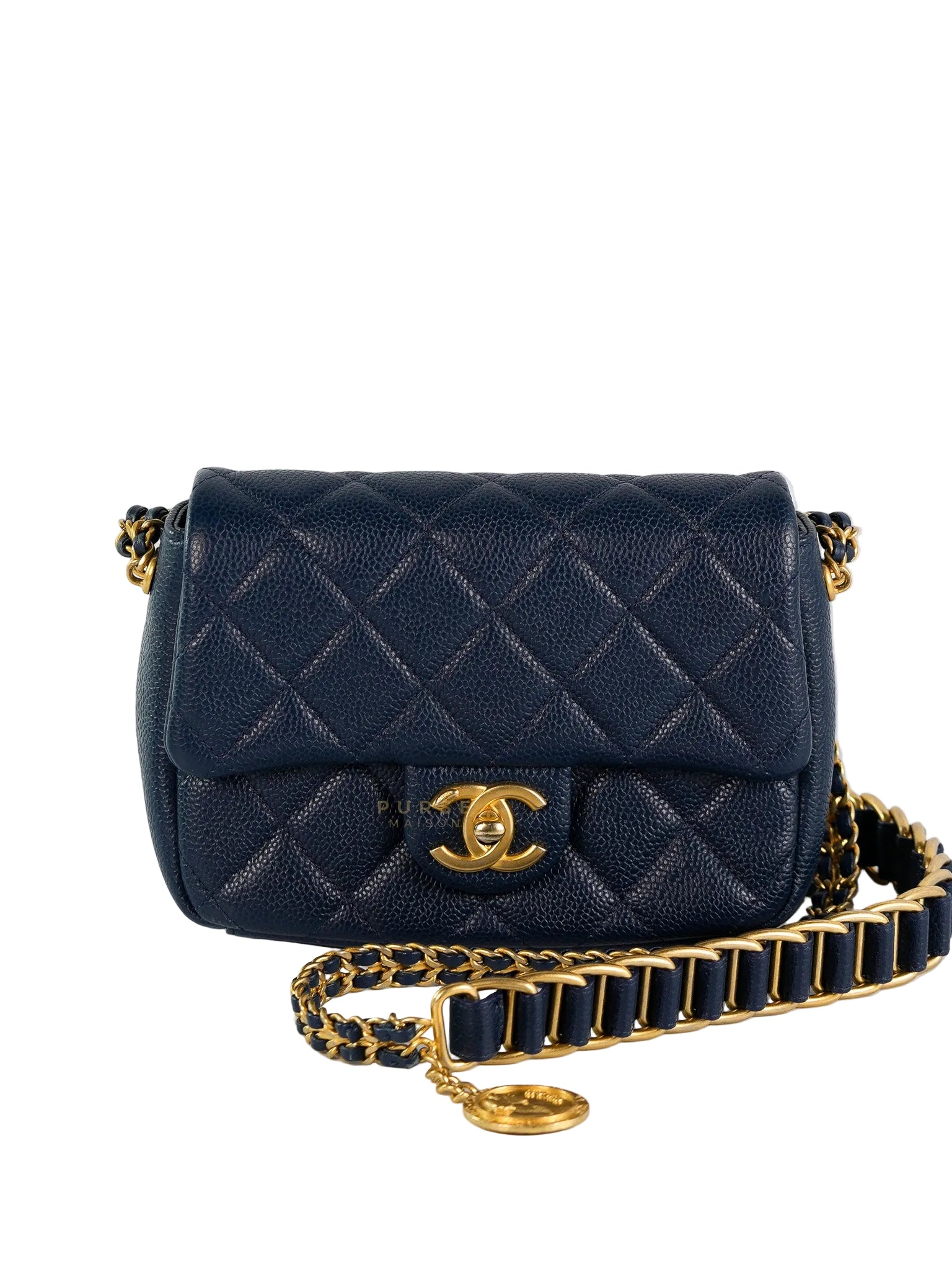 Chain Soul Flap in Navy Blue Caviar Leather and Aged Gold Hardware (Microchip) | Purse Maison Luxury Bags Shop