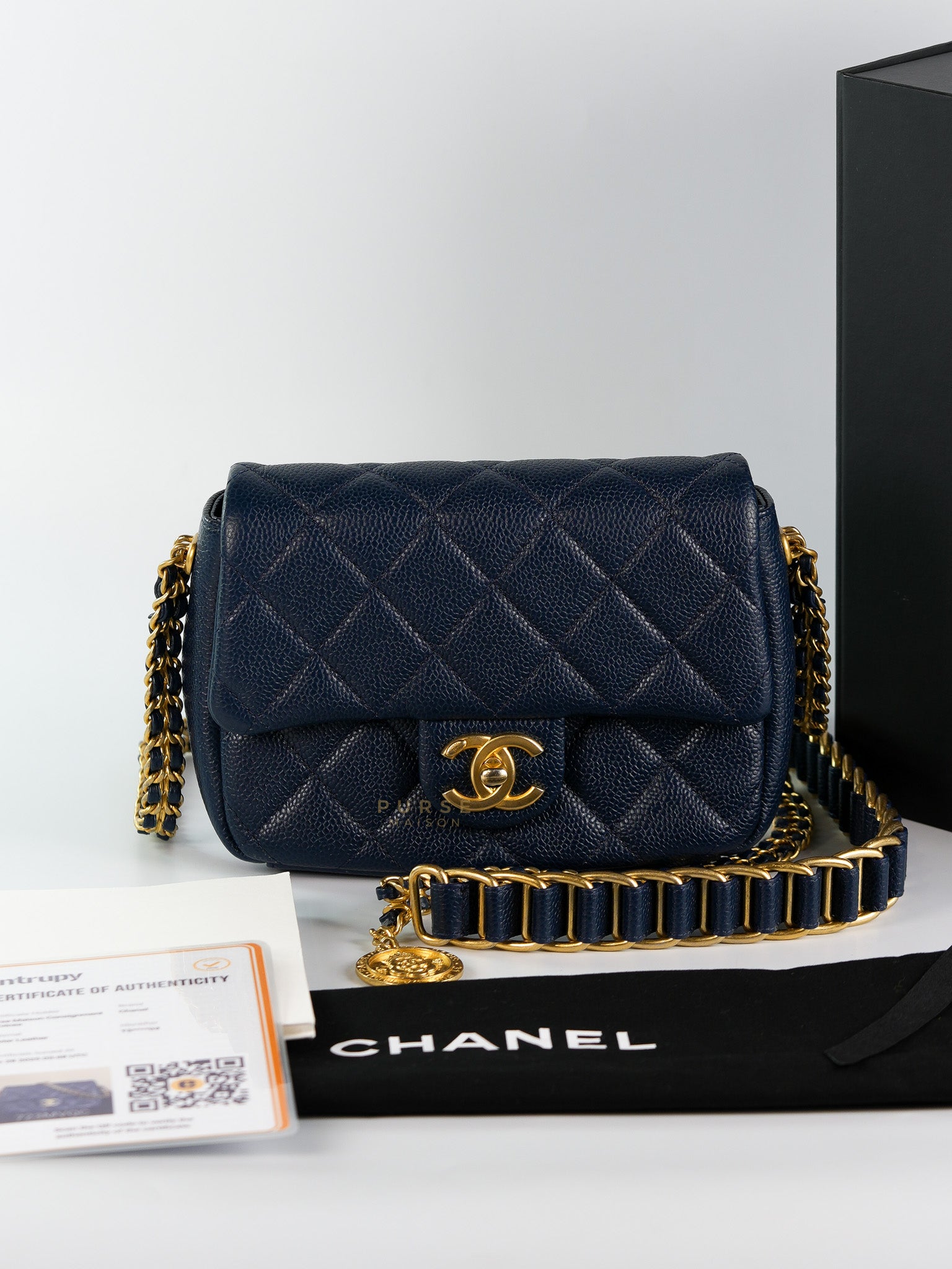 Chain Soul Flap in Navy Blue Caviar Leather and Aged Gold Hardware (Microchip) | Purse Maison Luxury Bags Shop