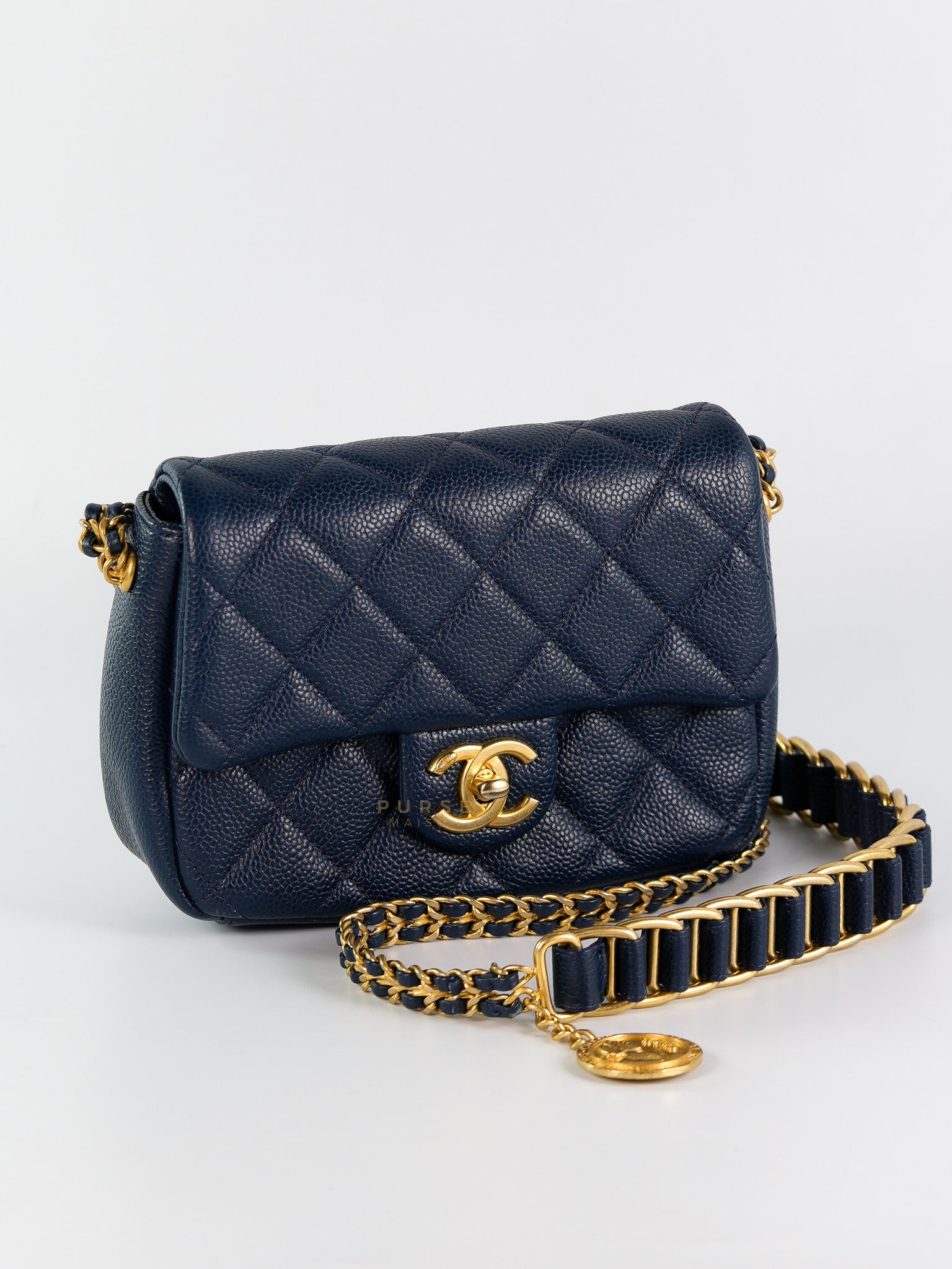 Chain Soul Flap in Navy Blue Caviar Leather and Aged Gold Hardware (Microchip) | Purse Maison Luxury Bags Shop