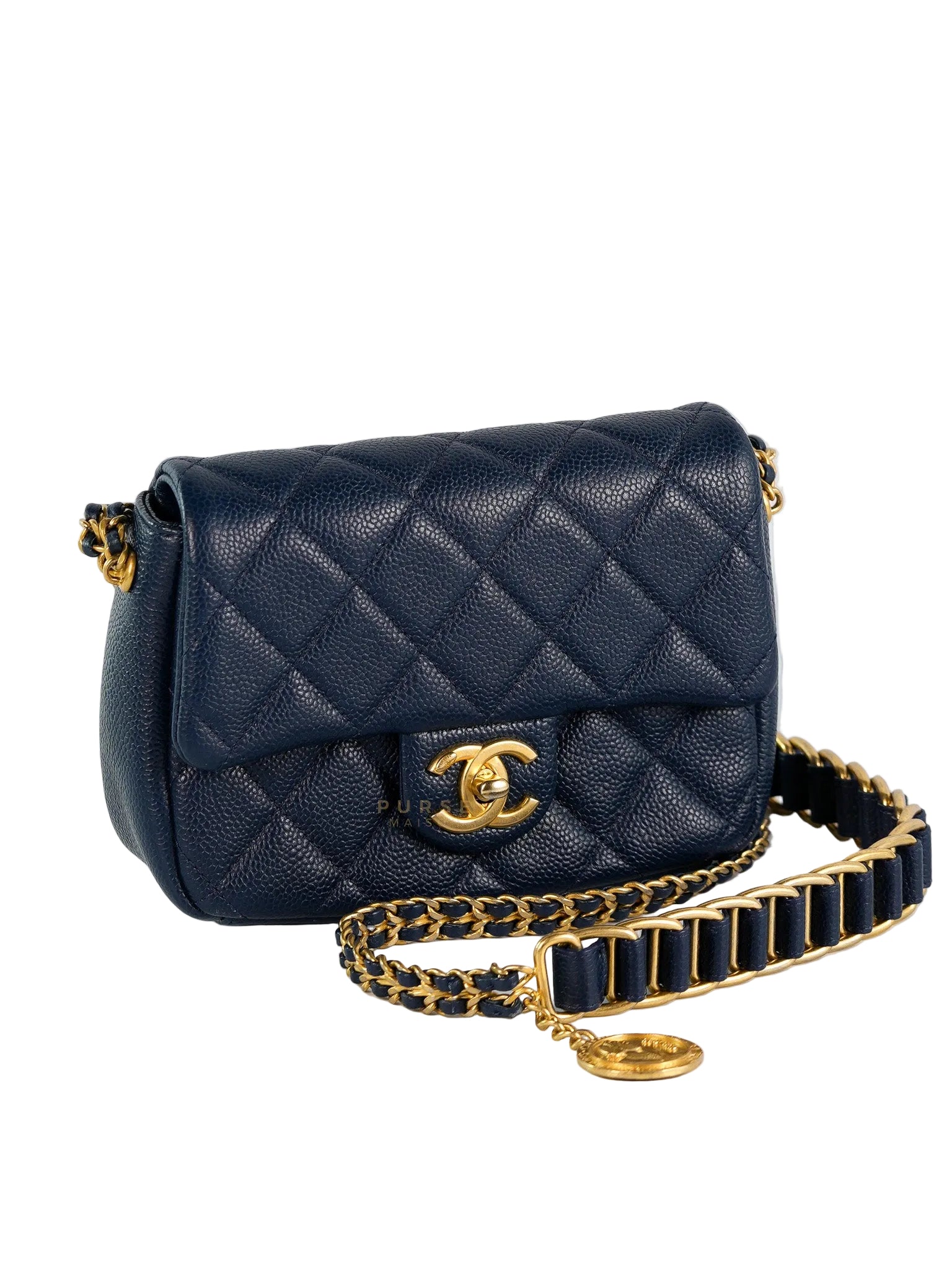 Chain Soul Flap in Navy Blue Caviar Leather and Aged Gold Hardware (Microchip) | Purse Maison Luxury Bags Shop