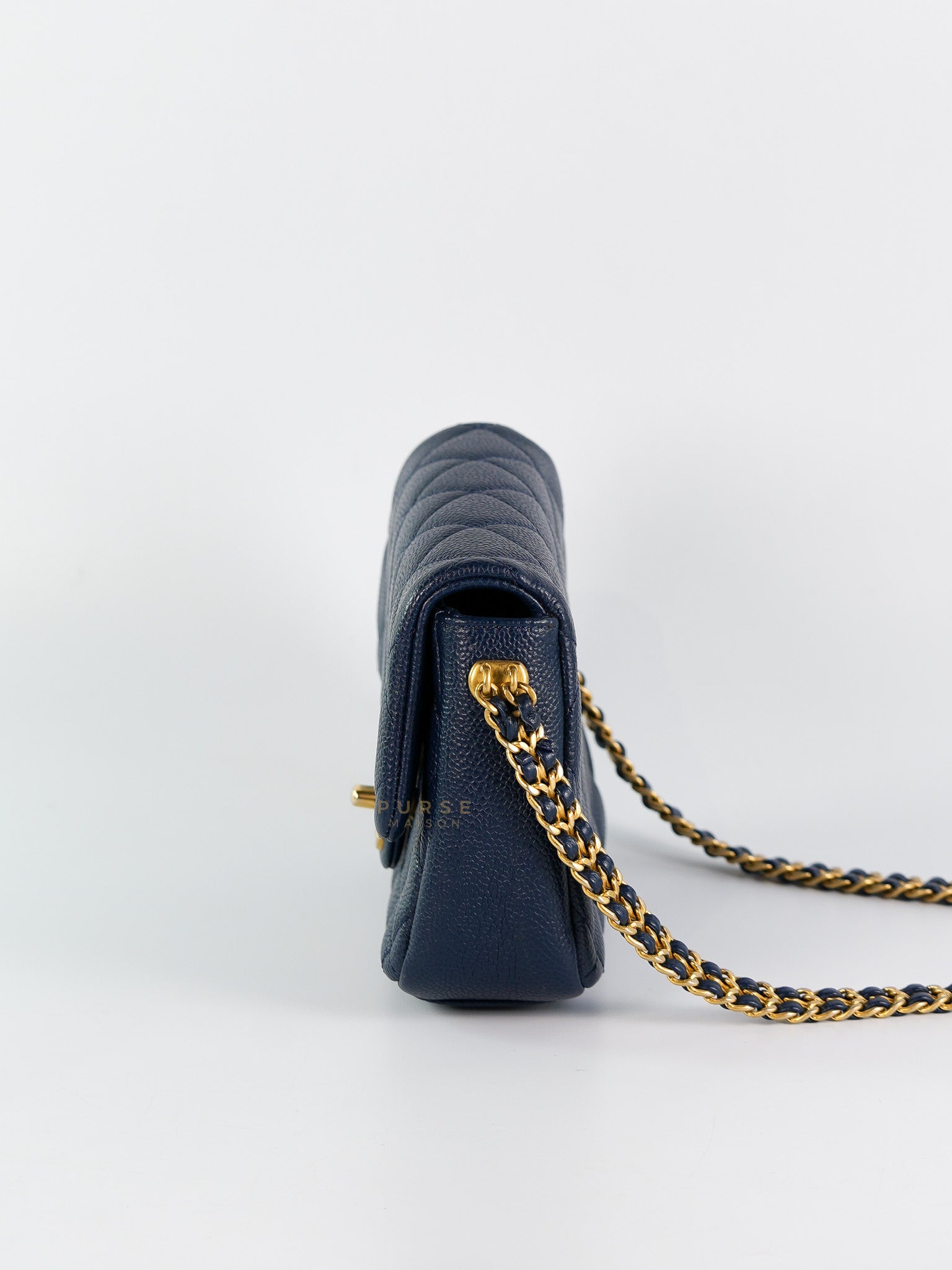 Chain Soul Flap in Navy Blue Caviar Leather and Aged Gold Hardware (Microchip) | Purse Maison Luxury Bags Shop