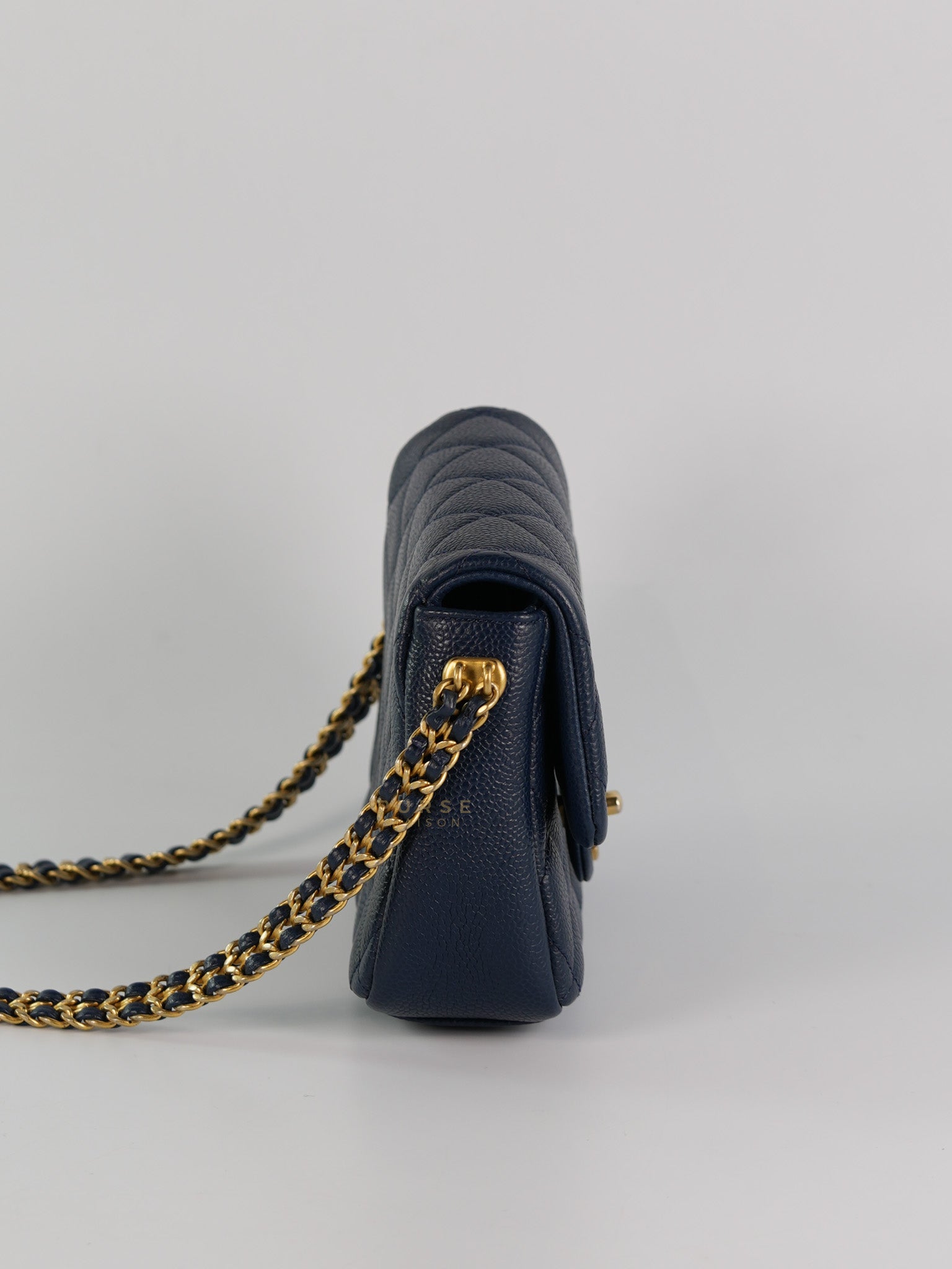 Chain Soul Flap in Navy Blue Caviar Leather and Aged Gold Hardware (Microchip) | Purse Maison Luxury Bags Shop