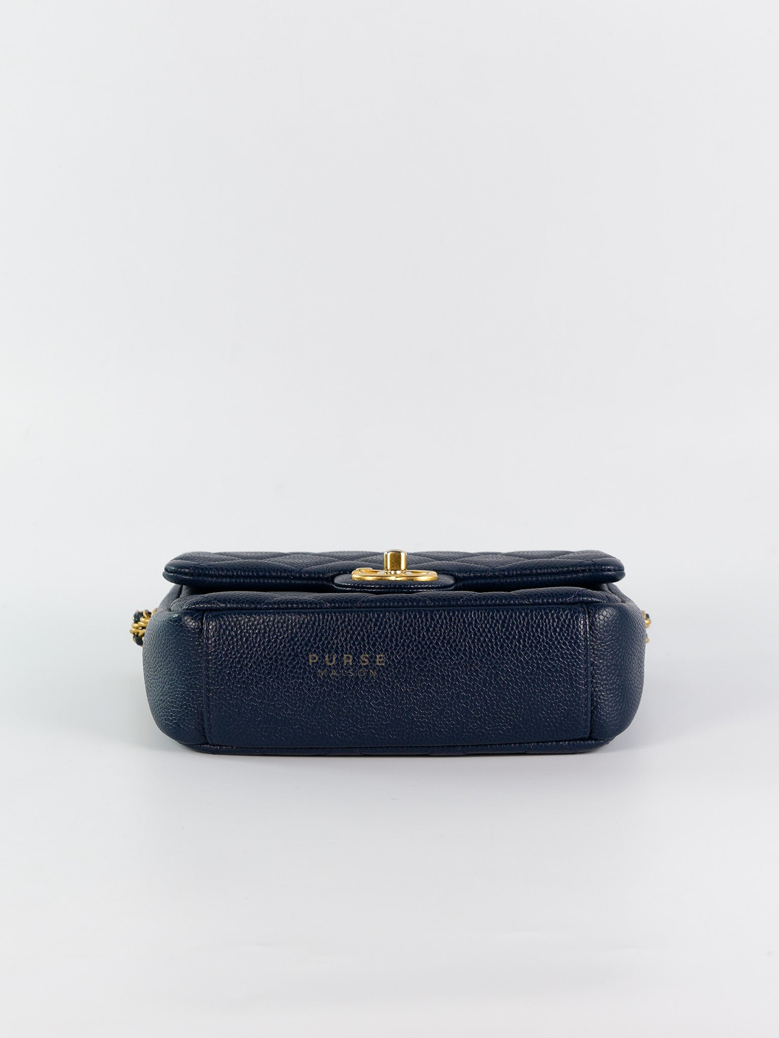 Chain Soul Flap in Navy Blue Caviar Leather and Aged Gold Hardware (Microchip) | Purse Maison Luxury Bags Shop