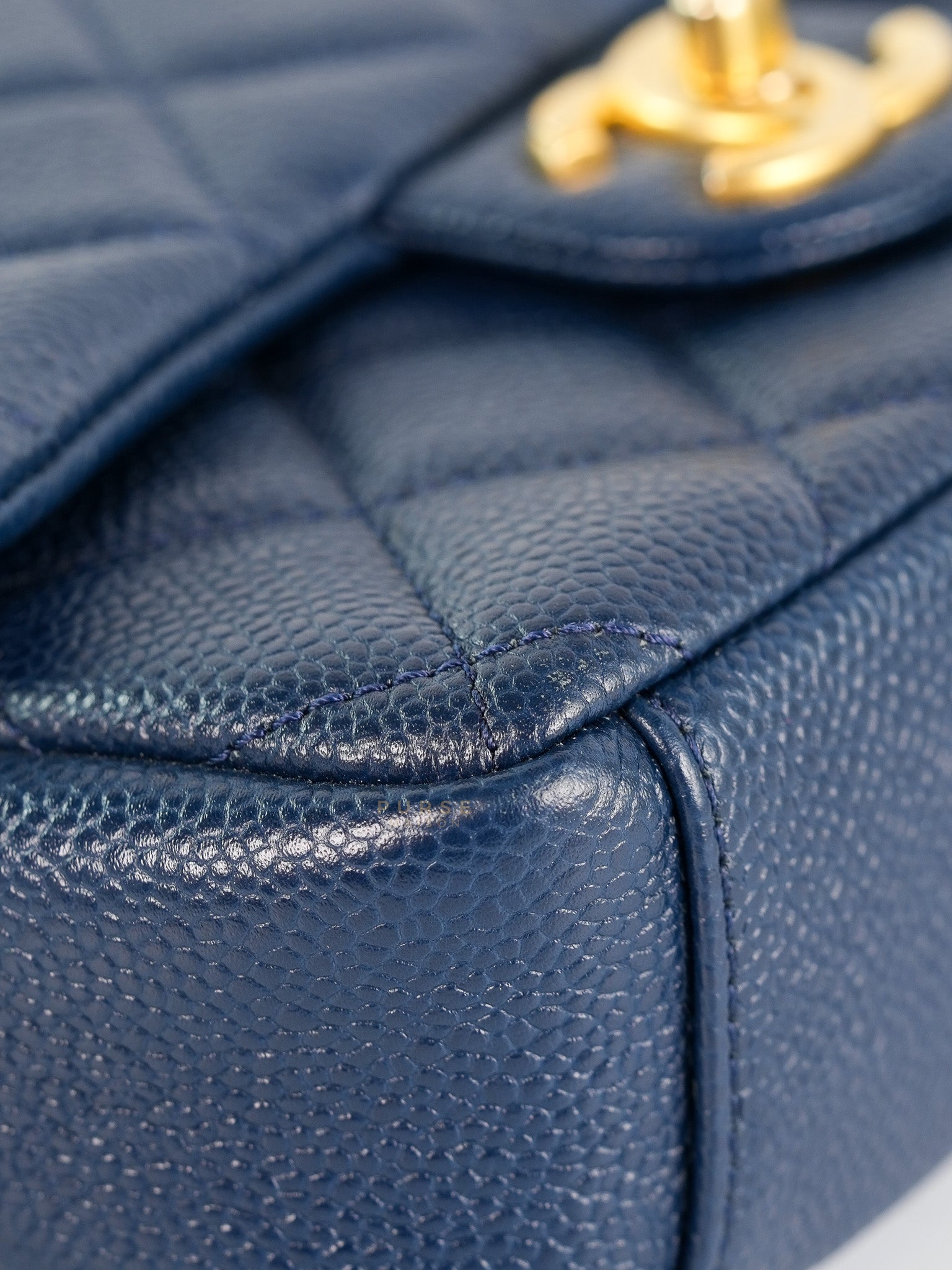 Chain Soul Flap in Navy Blue Caviar Leather and Aged Gold Hardware (Microchip) | Purse Maison Luxury Bags Shop