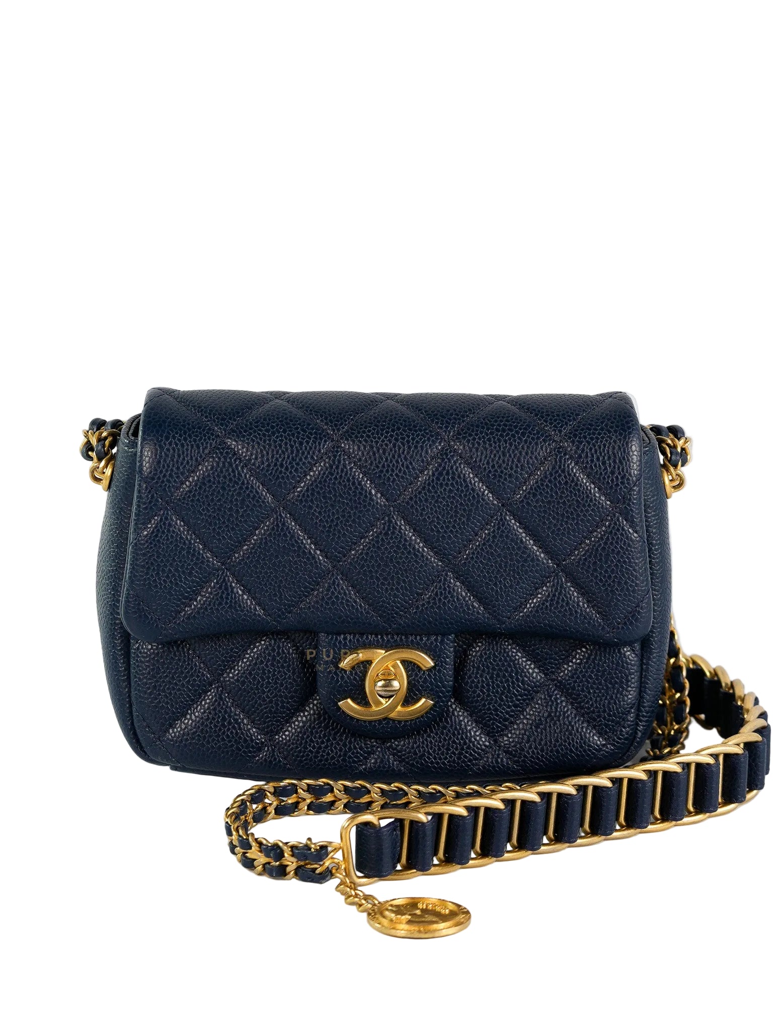 Chain Soul Flap in Navy Blue Caviar Leather and Aged Gold Hardware (Microchip) | Purse Maison Luxury Bags Shop