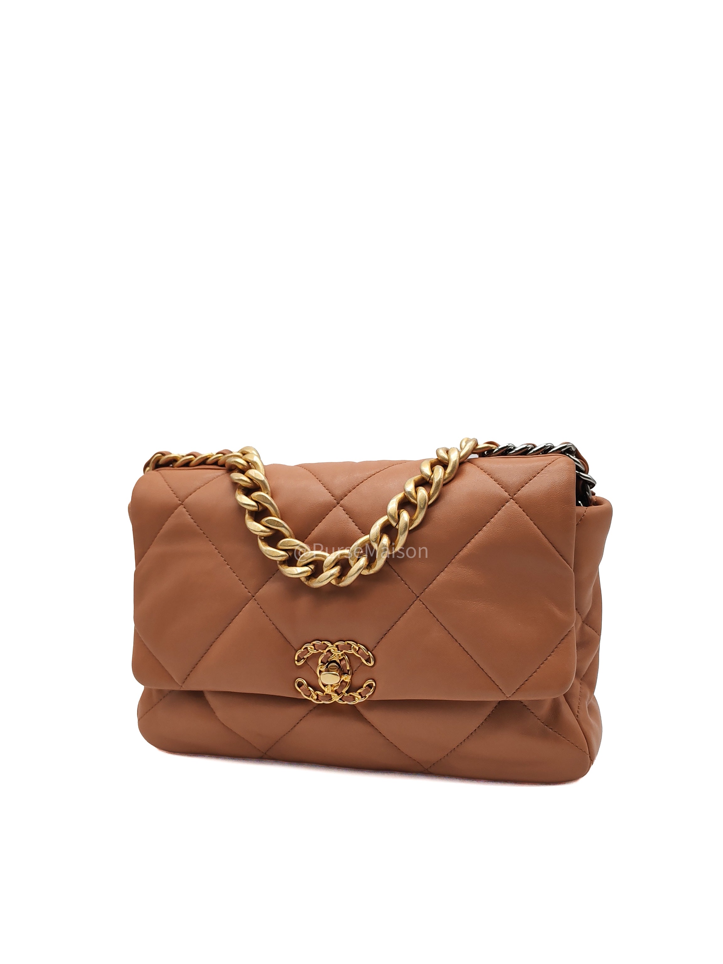 Chanel 19 Large in Caramel Quilted Lambskin Leather and Mixed Hardware Microchip | Purse Maison Luxury Bags Shop