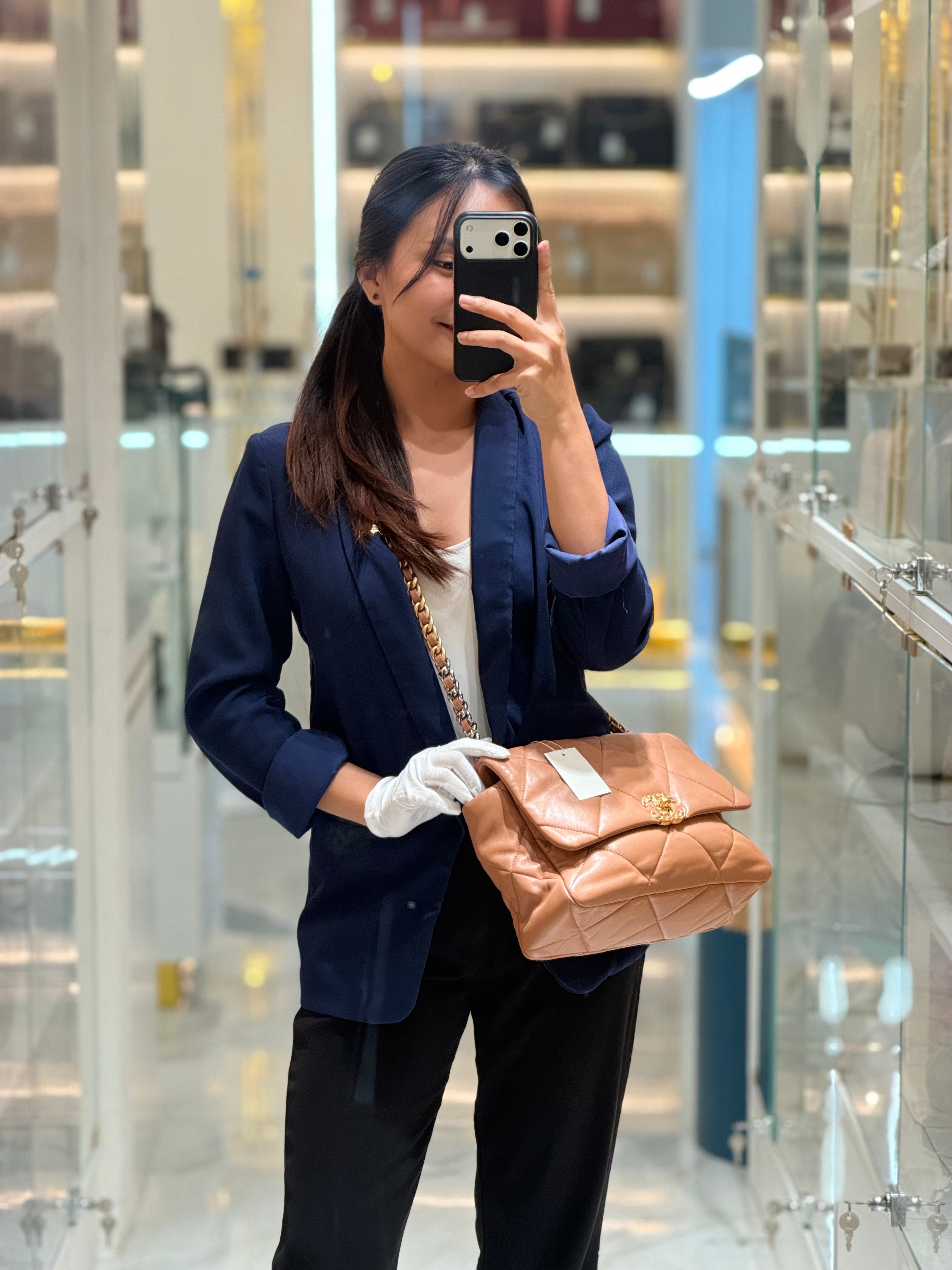 Chanel 19 Large in Caramel Quilted Lambskin Leather and Mixed Hardware Microchip | Purse Maison Luxury Bags Shop